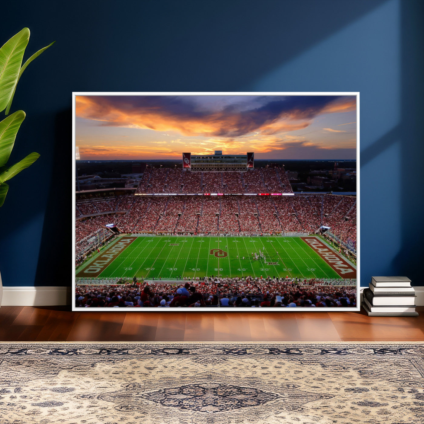51457497-MGV-CV-36X24 - Oklahoma Sooners Stadium Wall Art Canvas Print, College Football Sunset Game Scene, OU Football Field Panorama Wall Decor