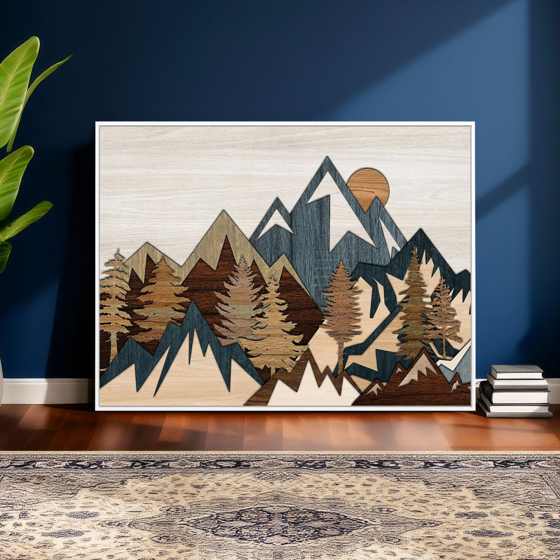 Wood Style Mountain Wall Art Canvas Print, Layered Wood Landscape Artwork