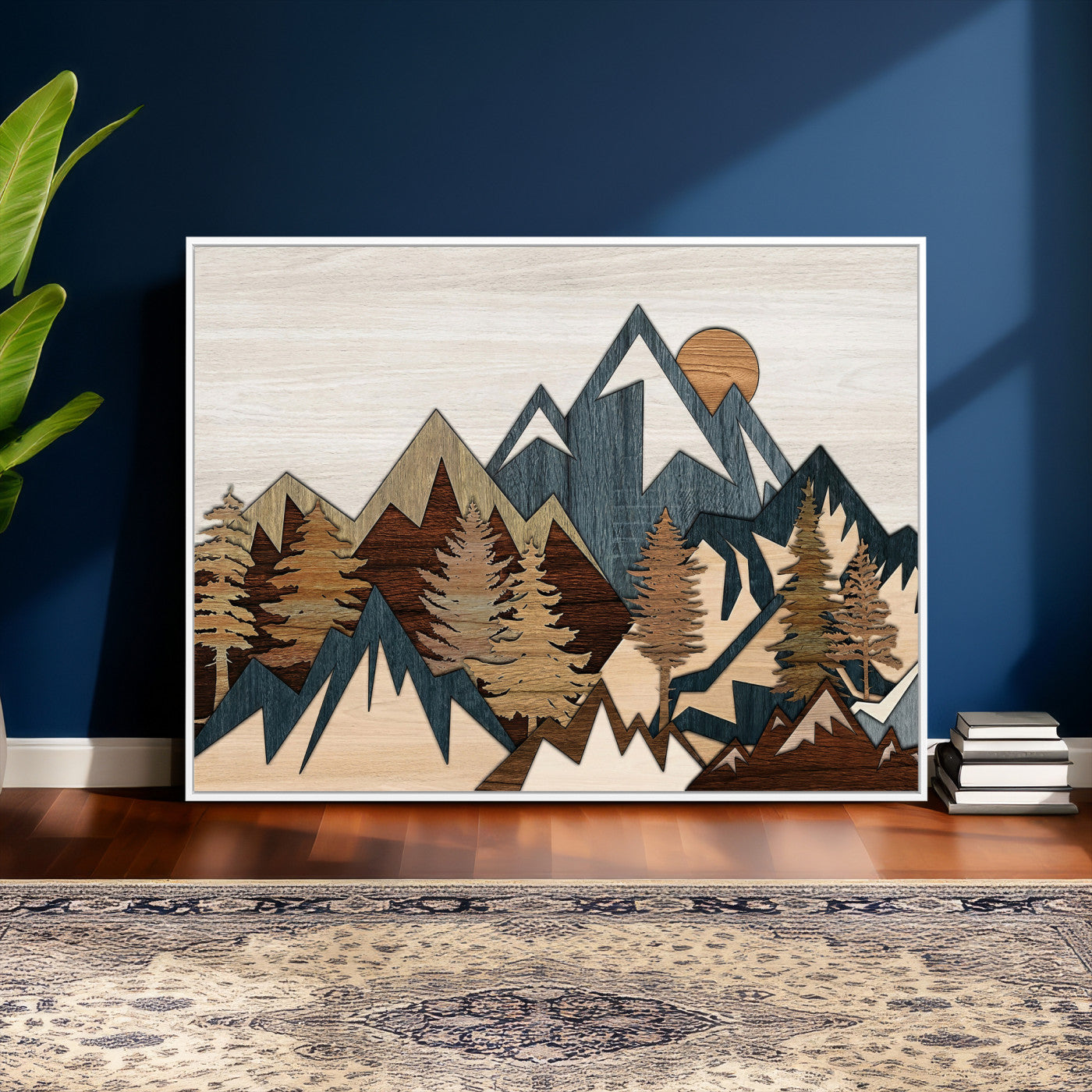 61833055-MGV-CV-36X24 - Mountain Forest Wall Art Canvas Print, Layered Wood Landscape Artwork, Rustic Nature Wall Decor for Living Room