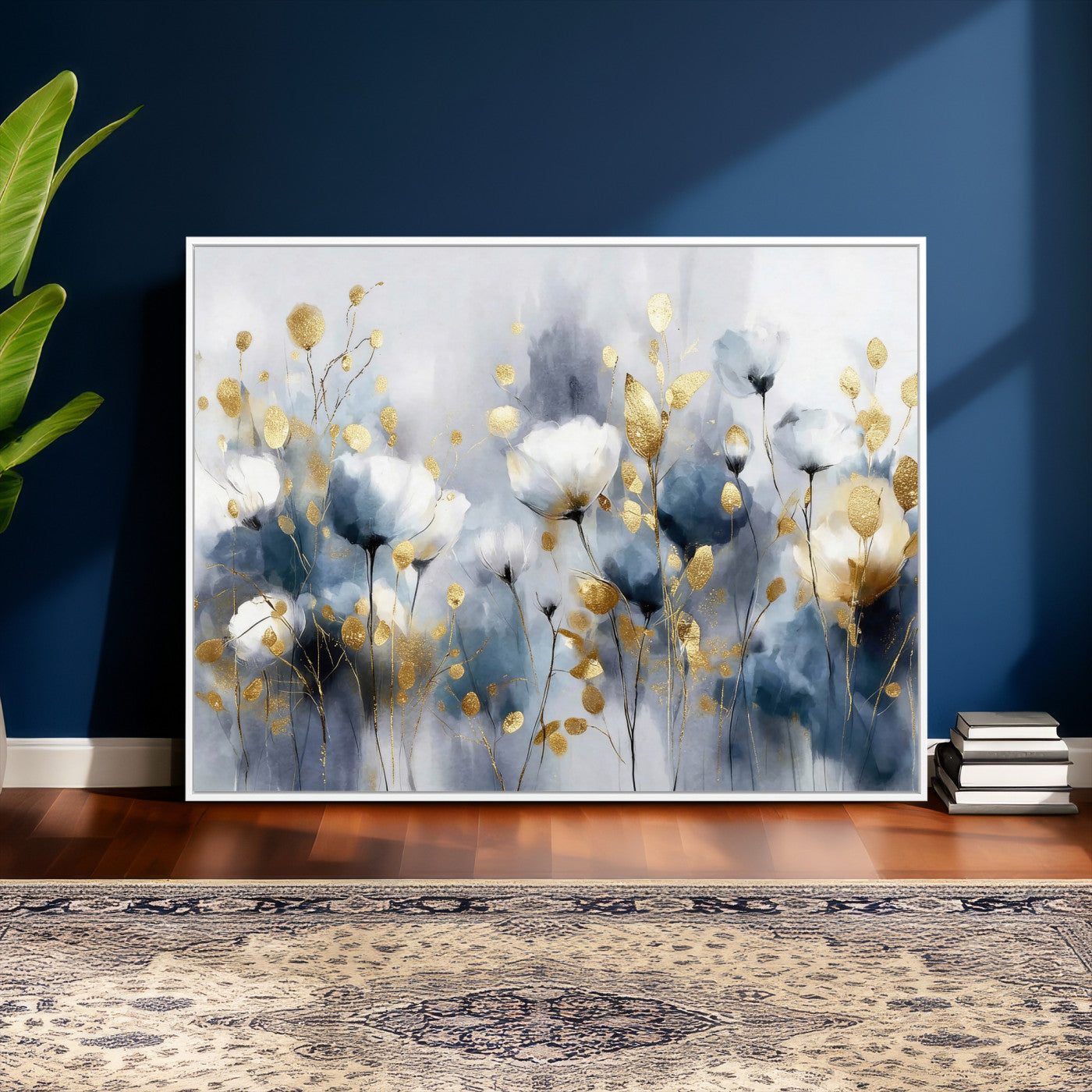 84358857-MGV-CV-36X24 - Large Abstract Flowers Wall Art Canvas Print – Gold and Blue Botanical Artwork for Living Room, Bedroom, and Office Decor