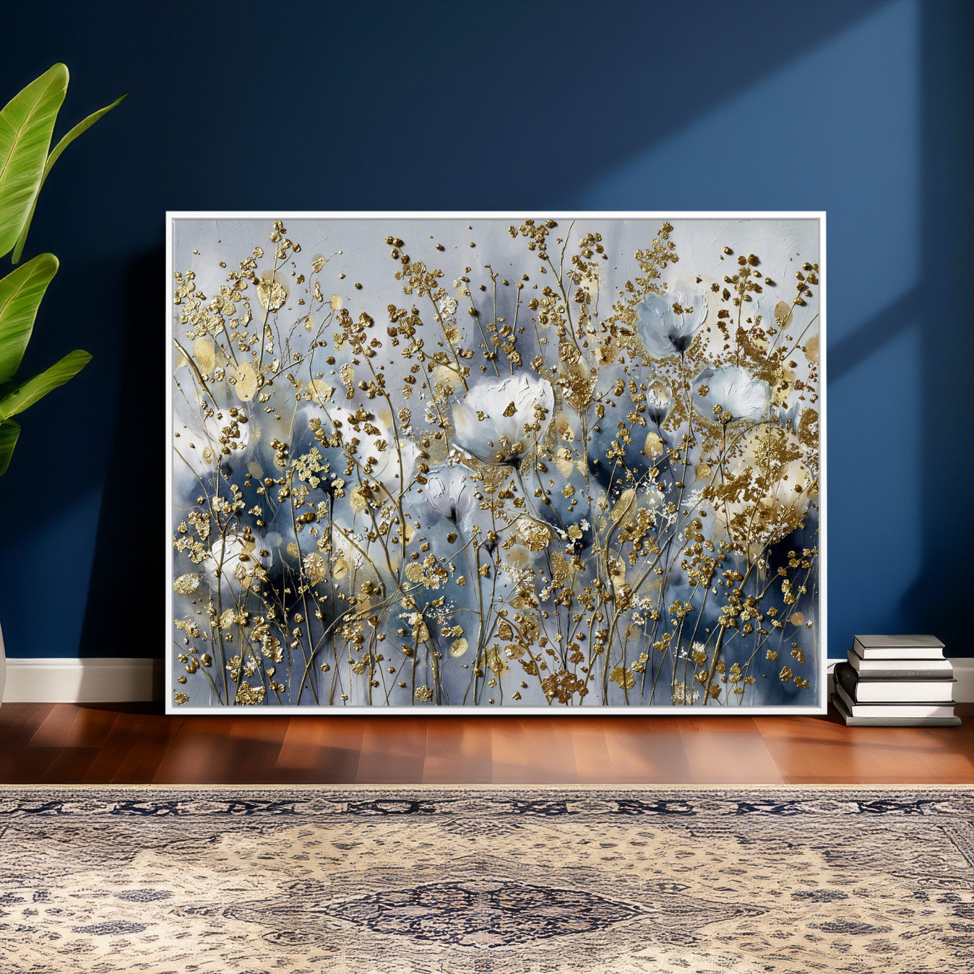 24499670-MGV-CV-36X24 - Abstract Floral Wall Art Canvas Print – Gold and Blue Botanical Artwork for Living Room, Bedroom, and Office Decor