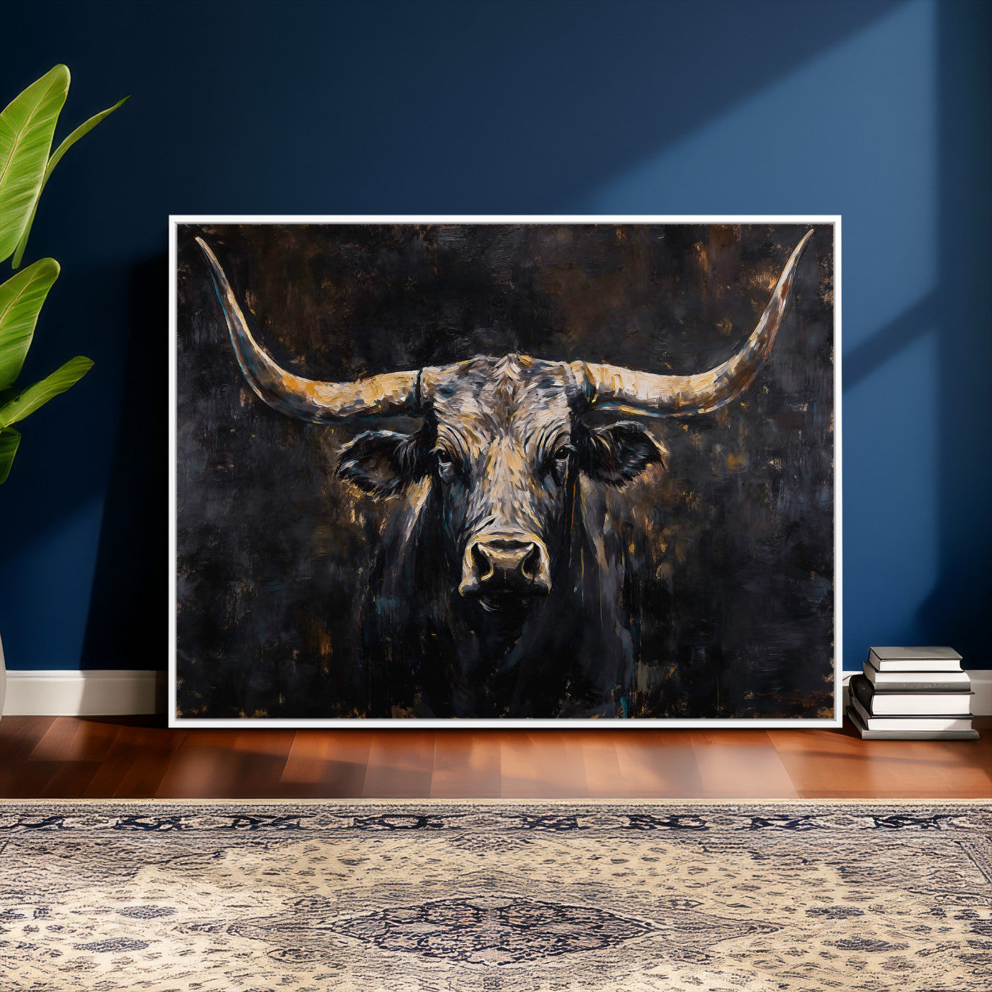 17622011-MGV-CV-36X24 - Abstract Longhorn Bull Wall Art Canvas Print – Dark Rustic Western Cattle Artwork for Farmhouse, Ranch, Cabin, and Office Decor