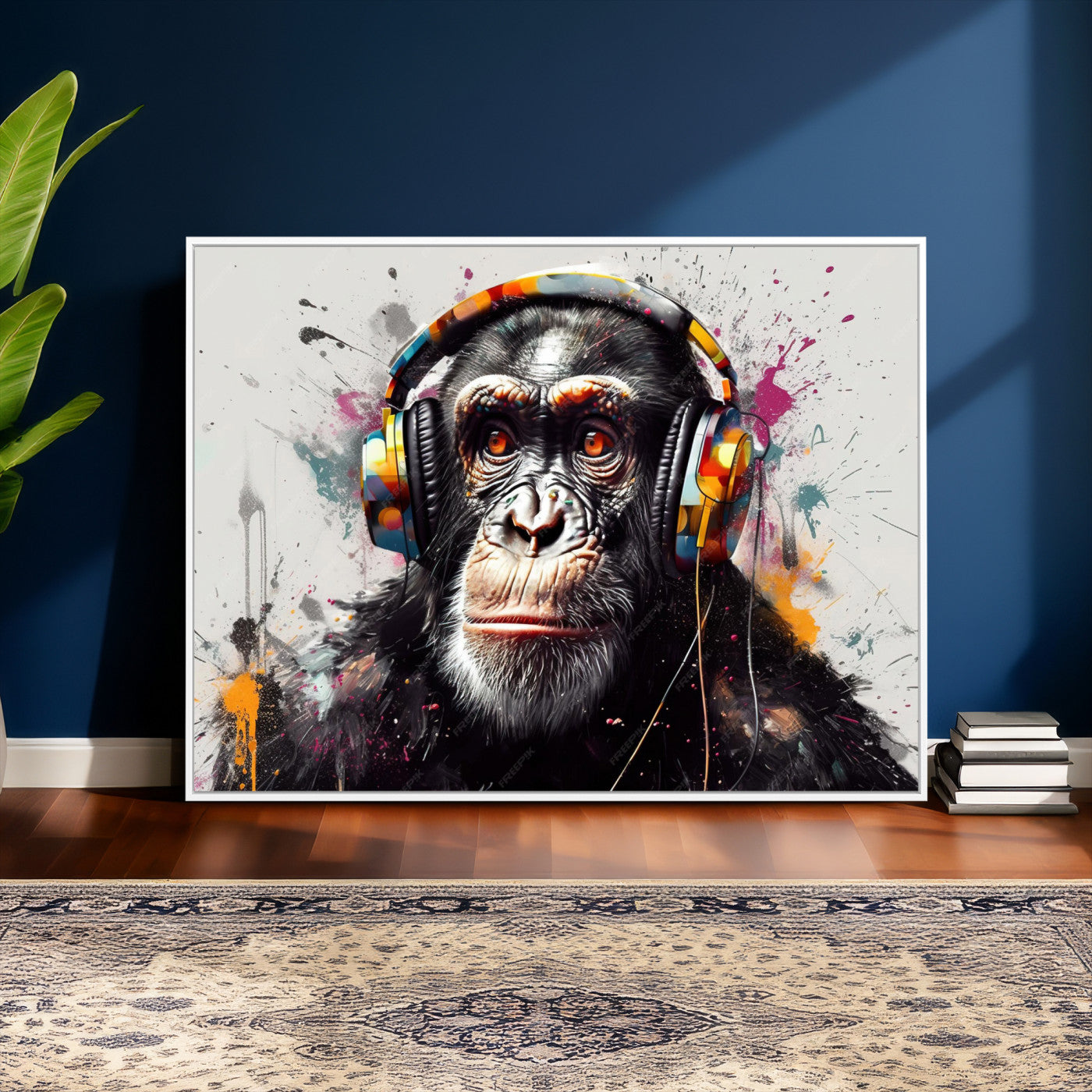 31244985-MGV-CV-36X24 - Dj Monkey Wall Art Canvas Print – Colorful Pop Art Banksy Graffiti Chimpanzee Print