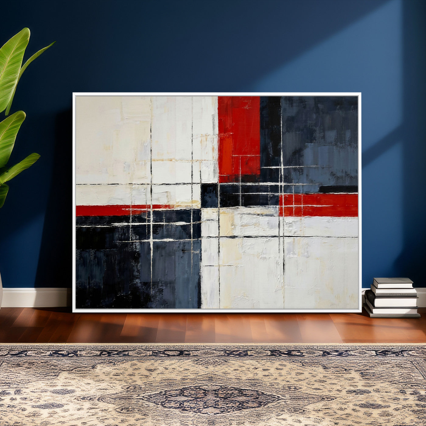 44088165-MGV-CV-36X24 - Navy Red Abstract Wall Art Canvas Print, Modern Luxury Geometric Painting Wall Decor for Living Room and Office