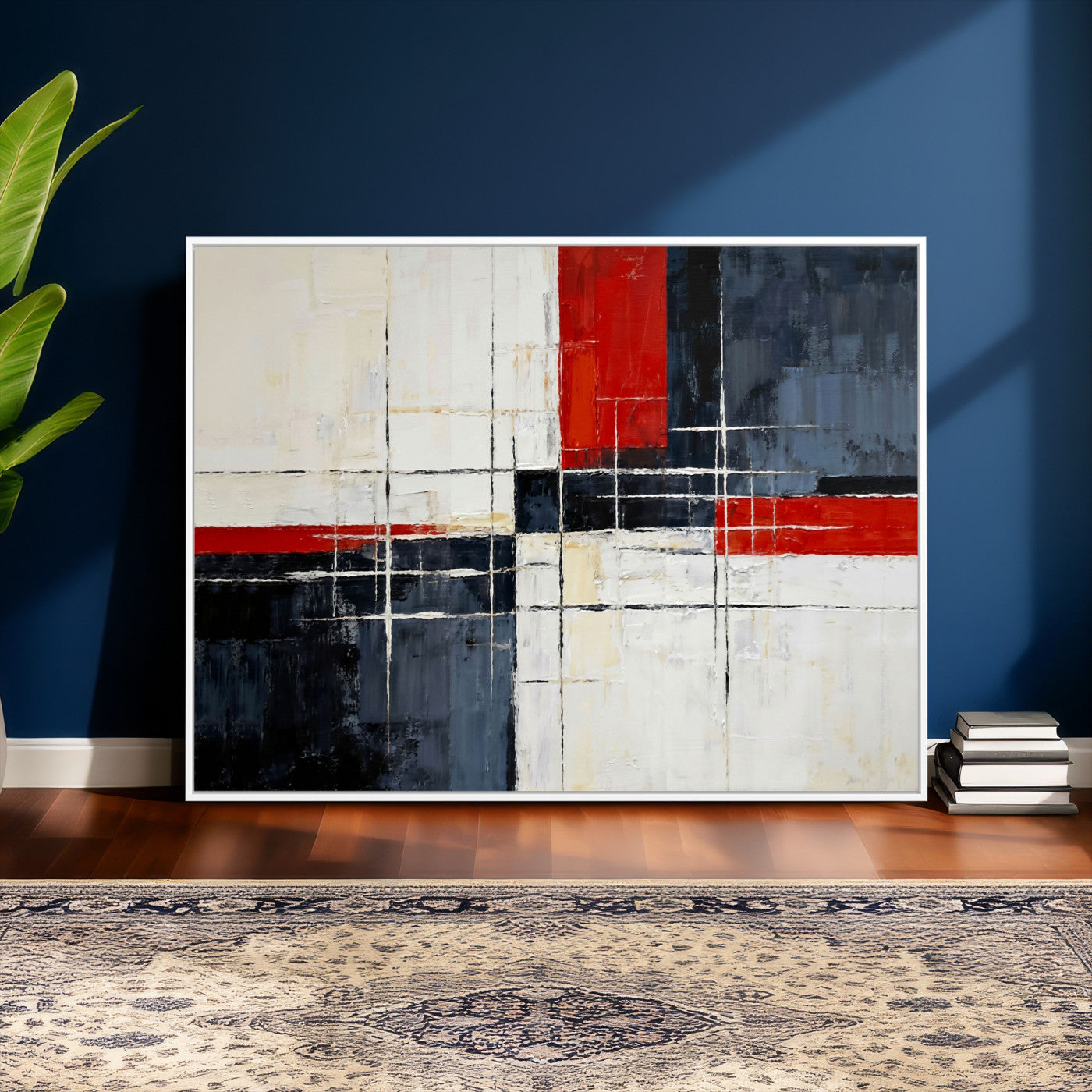 11921181-MGV-CV-36X24 - Navy Red Abstract Wall Art Canvas Print, Modern Luxury Geometric Painting Wall Decor for Living Room and Office