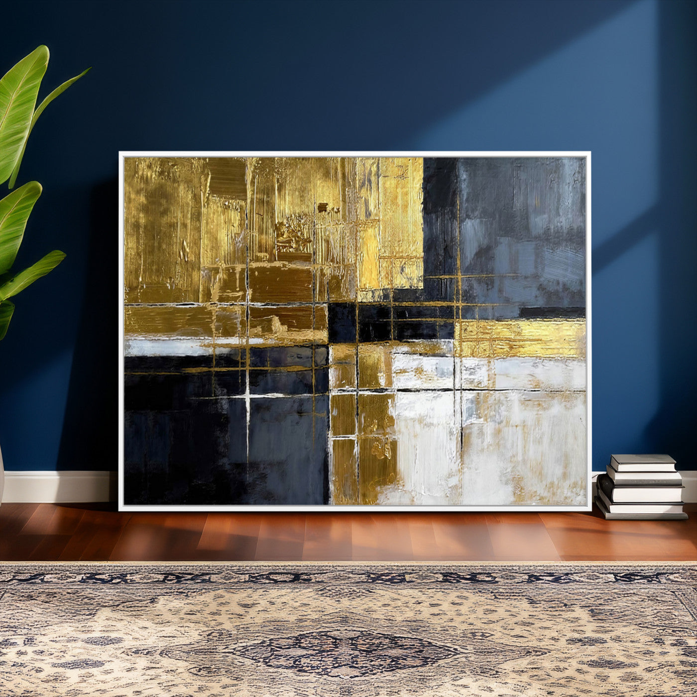 76917030-MGV-CV-36X24 - Gold Navy Abstract Wall Art Canvas Print, Modern Luxury Geometric Painting Wall Decor for Living Room and Office