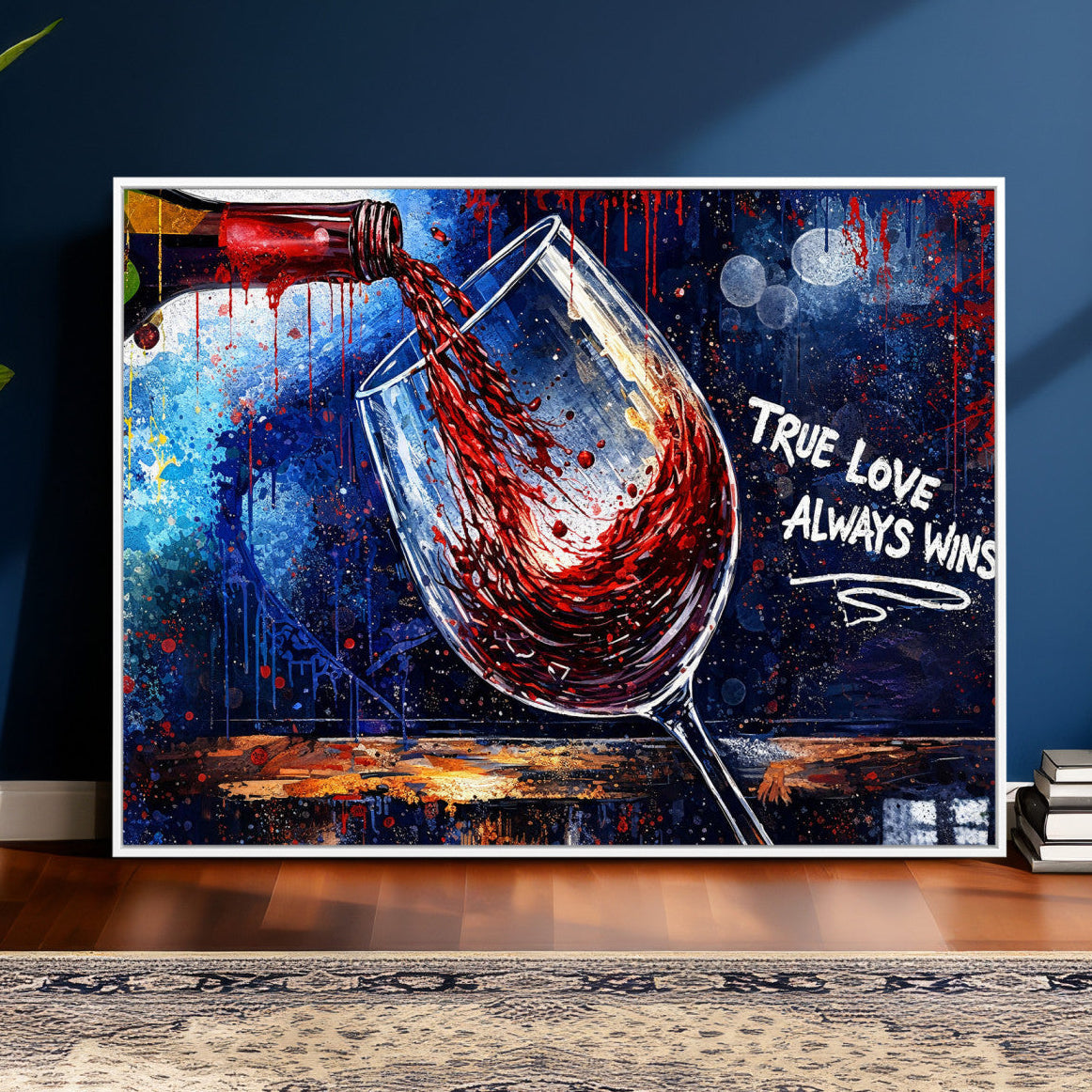 88788932-MGV-CV-36X24 - Red Wine Splash Abstract Wall Art Canvas Print, Modern Wine Glass Painting Canvas Print, Romantic Quote Contemporary Bar Art Print