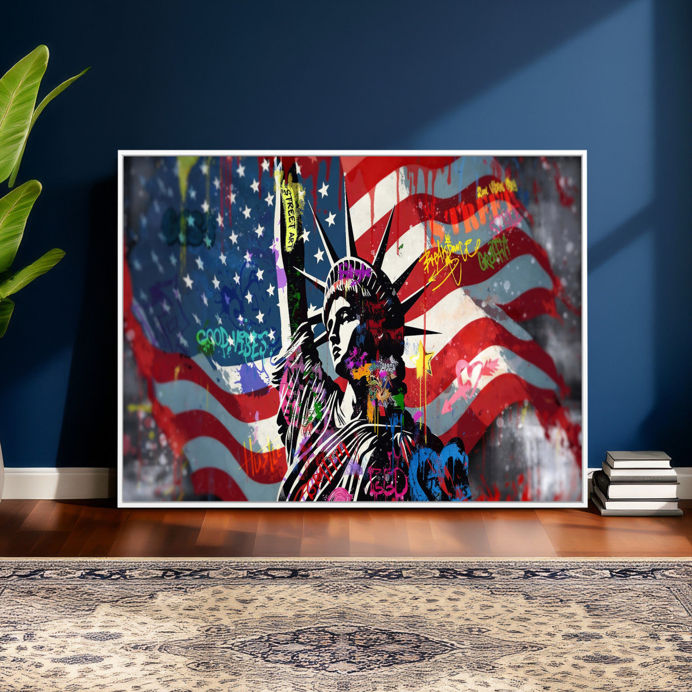 32151941-MGV-CV-36X24 - USA Statue of Liberty Graffiti Street Art Wall Art Canvas Print, American Flag Urban Pop Art Canvas Print, Modern Patriotic Street Art Contemporary Art Printing