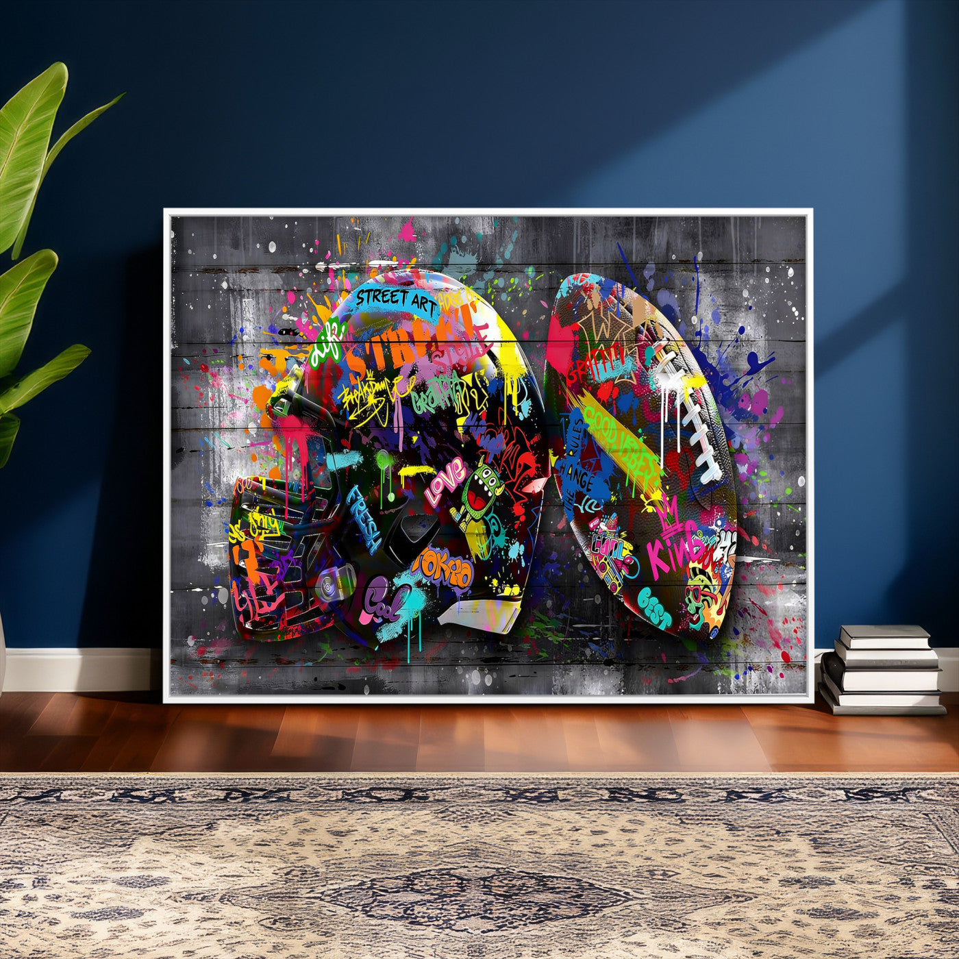 80540773-MGV-CV-36X24 - Graffiti American Football Helmet Street Art Wall Art Canvas Print, Urban Sports Pop Art Football Canvas Print, Colorful Graffiti Sports Contemporary Art Printing