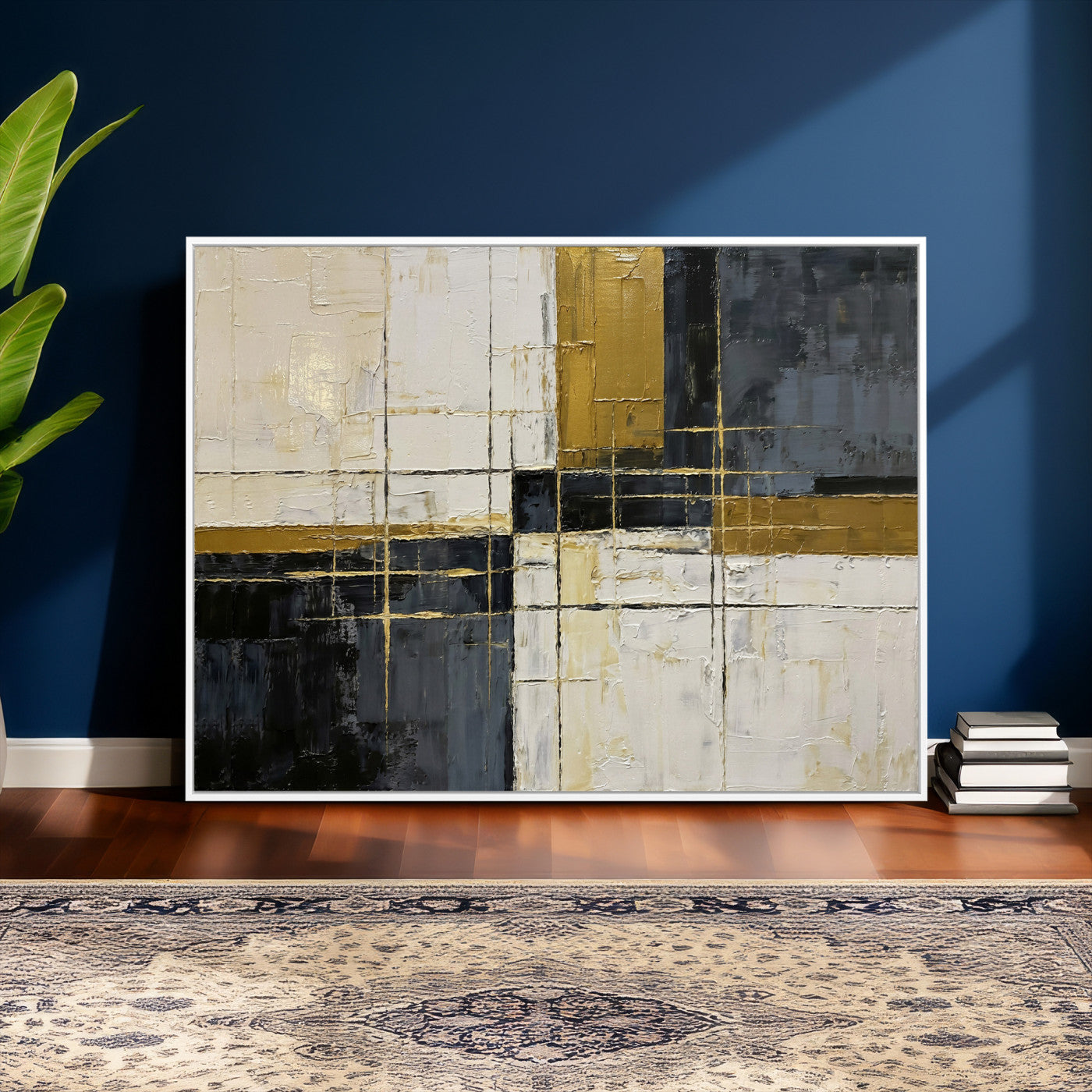 36097945-MGV-CV-36X24 - Abstract Gold and Black Wall Art Canvas Print – Modern Geometric Neutral Artwork for Living Room Decor
