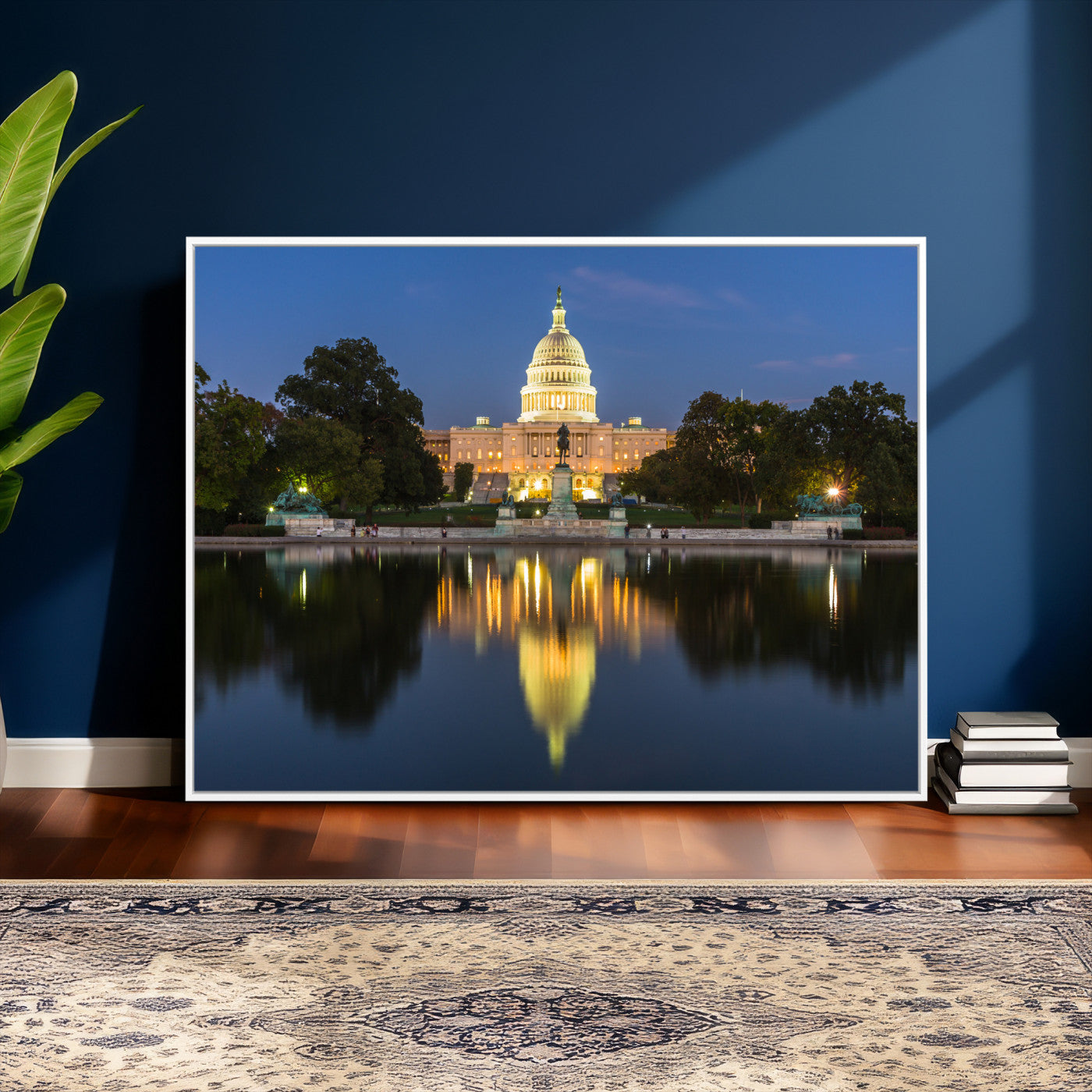 95568590-MGV-CV-36X24 - US Capitol Building Wall Art Canvas Print – Washington DC Landmark Night Reflection Artwork for Office Decor