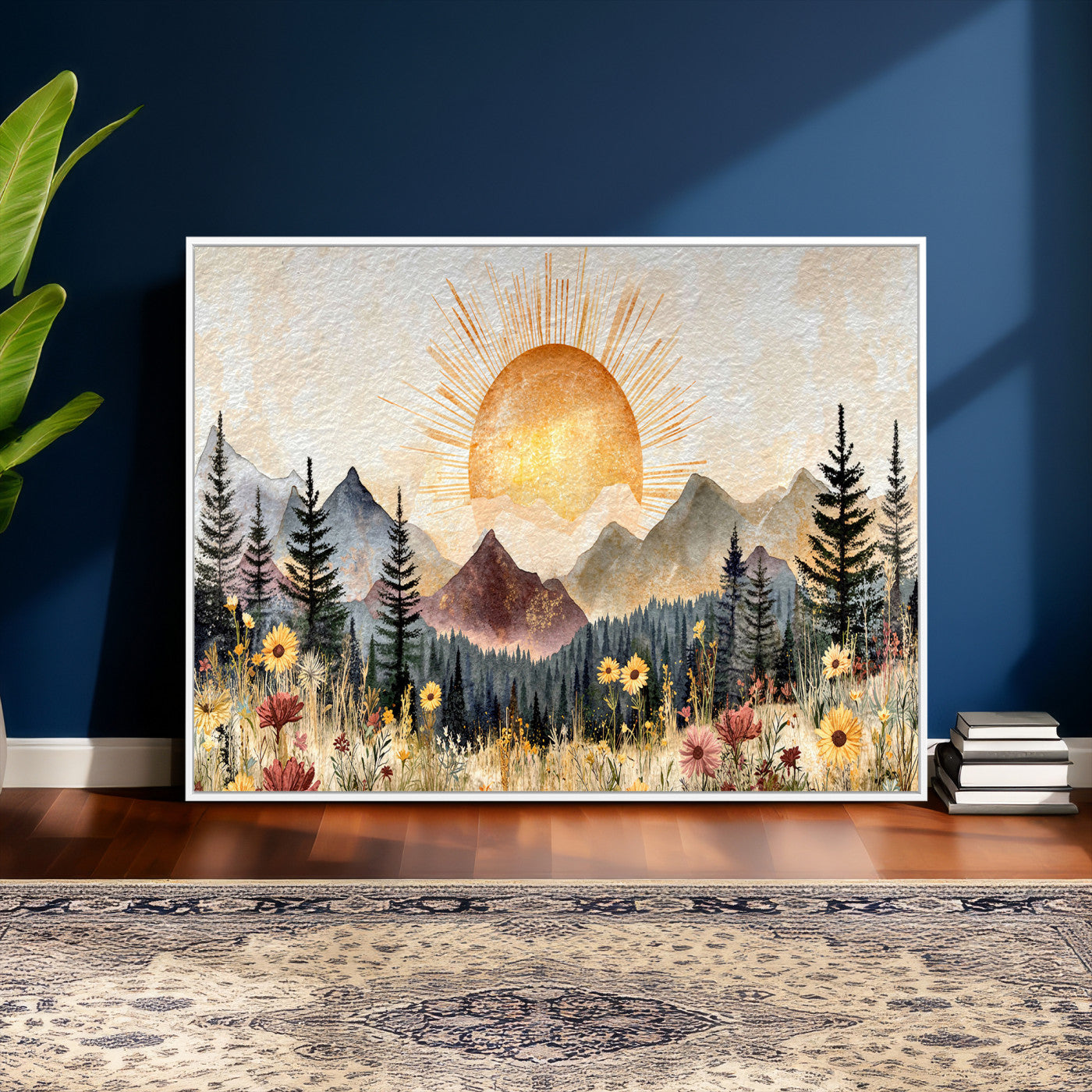 69025244-MGV-CV-36X24 - Boho Mountain Landscape Large Wall Art, Horizontal Gold Framed Canvas Print with Sun and Flowers