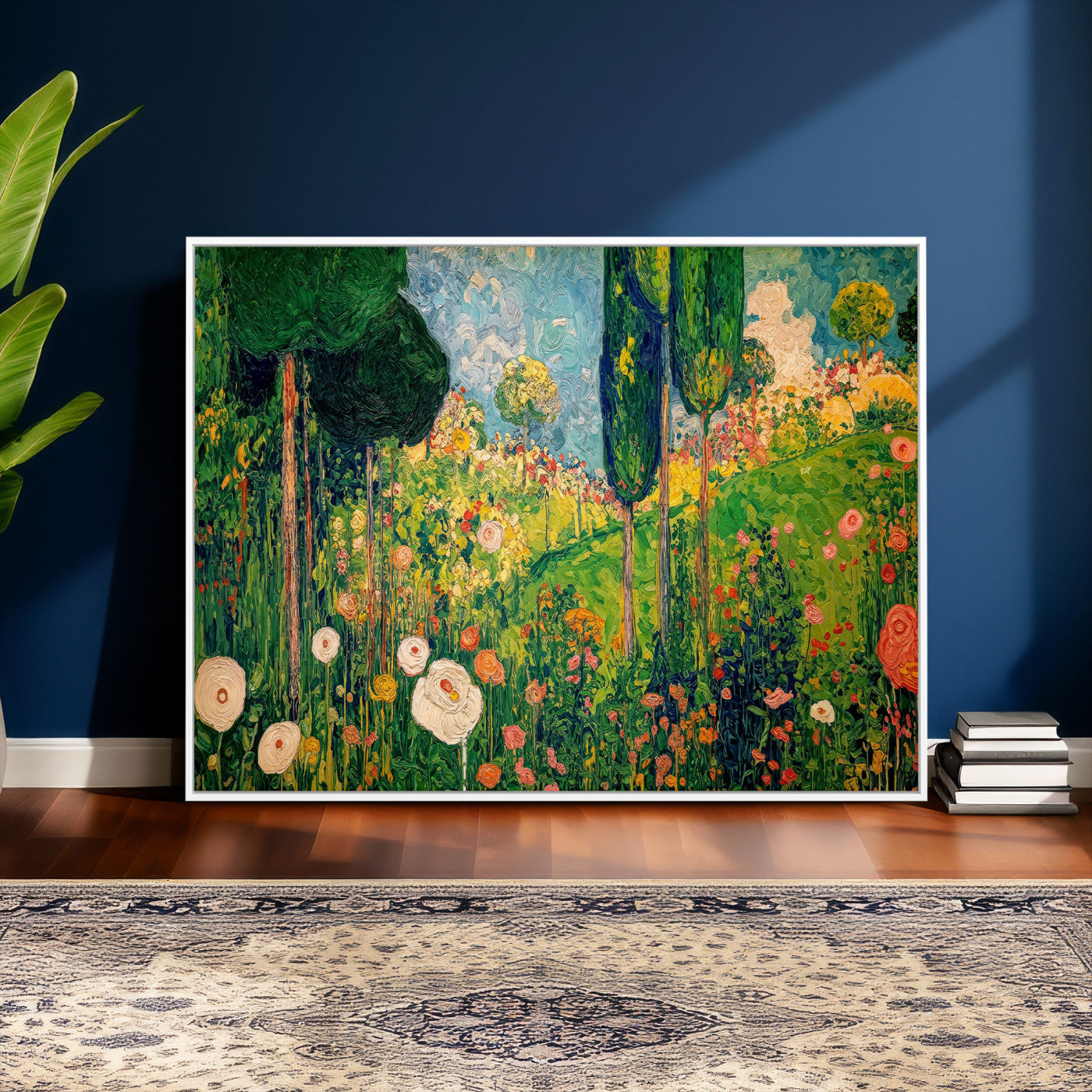 83517974-MGV-CV-36X24 - Gustav Klimt Boho Mountain Landscape Large Wall Art, Horizontal Gold Framed Canvas Print with Sun and Flowers