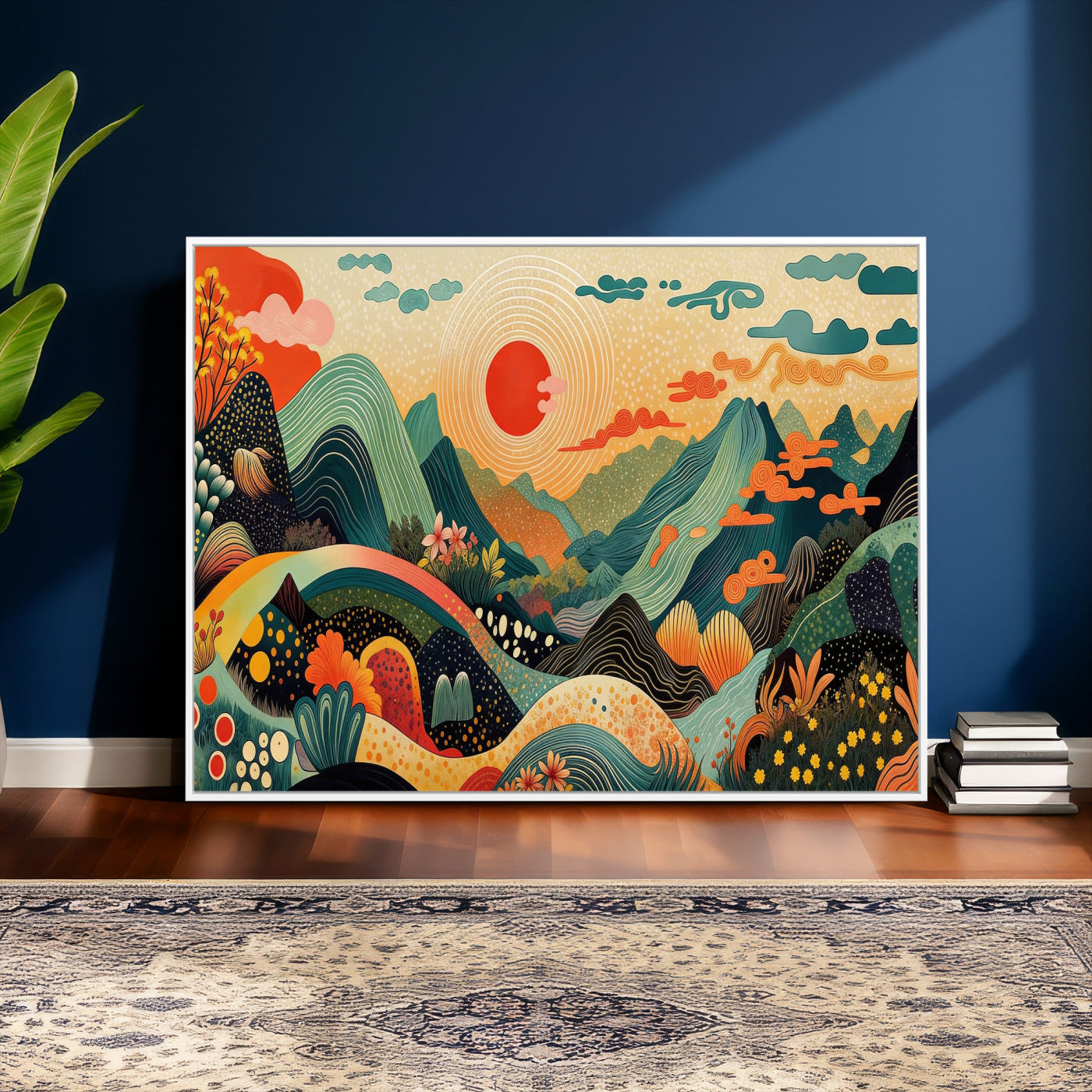 29927191-MGV-CV-36X24 - Yayoi Kusama Boho Mountain Landscape Large Wall Art, Horizontal Gold Framed Canvas Print with Sun and Flowers