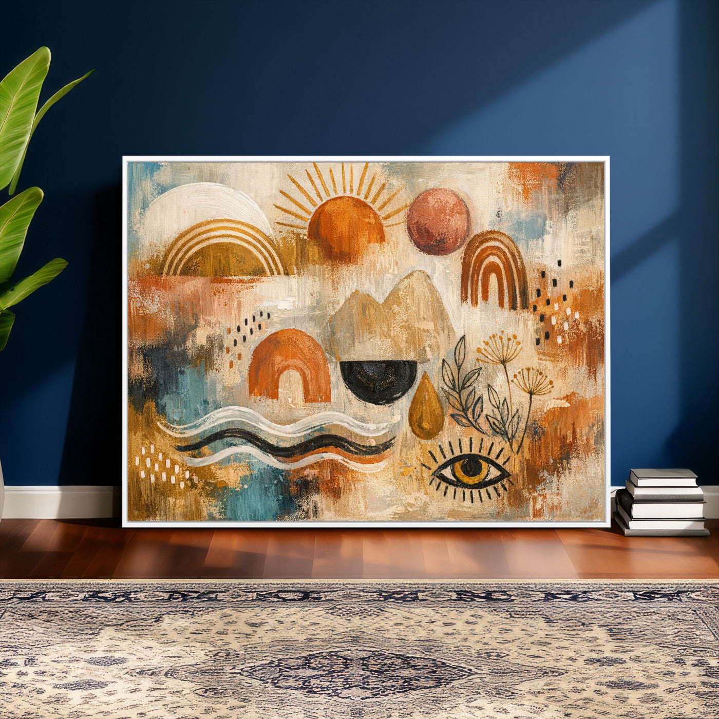 52155239-MGV-CV-36X24 - Geometric Boho Abstract Wall Art Canvas Print, Orange Blue Abstract Expressionist Painting Print, Modern Geometric Abstract Canvas Art