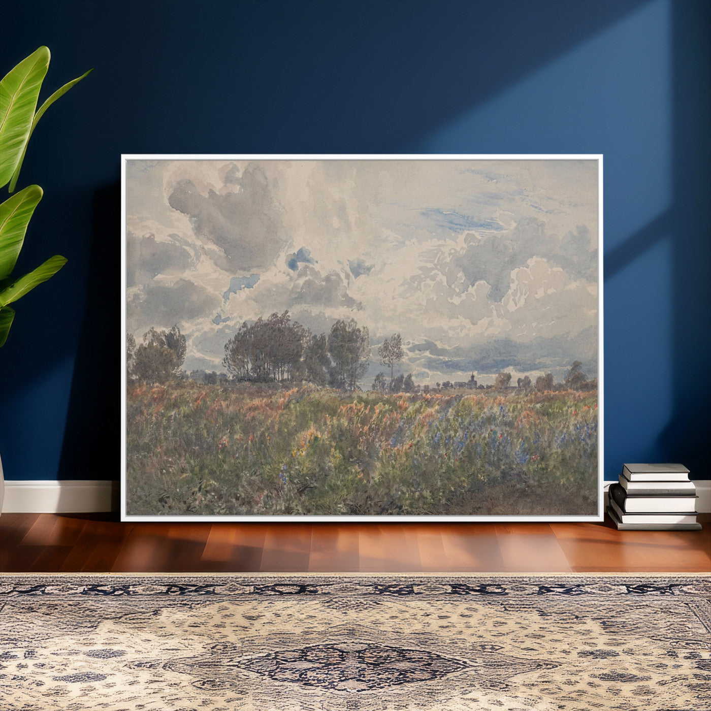 76626885-MGV-CV-36X24 - Vintage Watercolor Meadow Canvas Wall Art — English Pastoral Wildflower Storm Sky Print | Cottagecore Nature Decor | Classic Landscape Gift