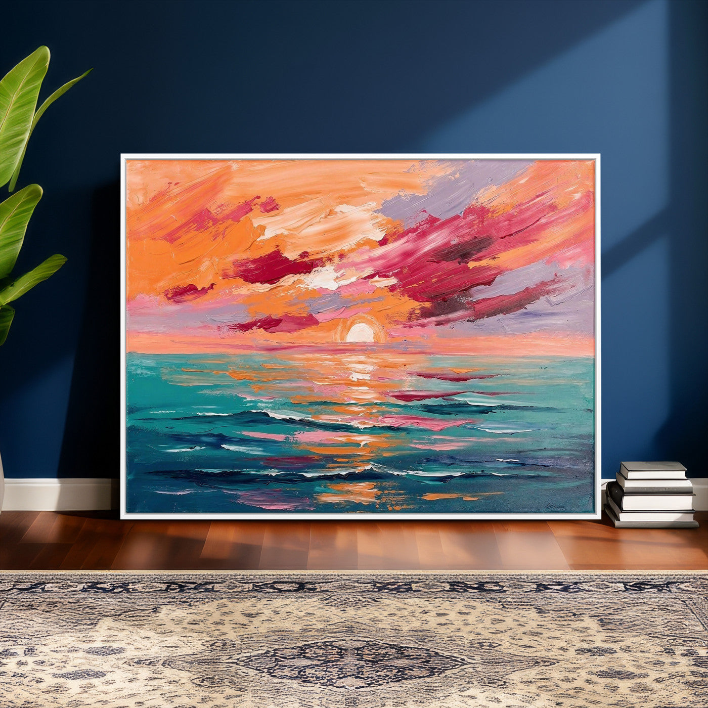 26763902-MGV-CV-36X24 - Bold Palette Knife Ocean Sunset Canvas — Orange Pink Teal Expressionist Sea Print | Colorful Coastal Wall Art | Vibrant Beach Decor Gift