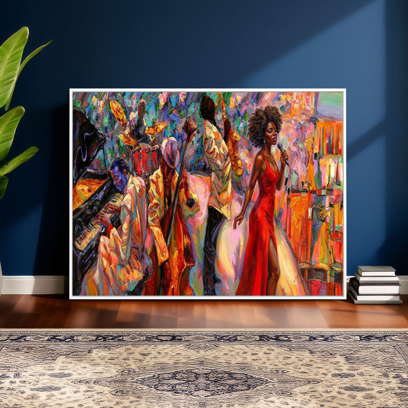 72615137-MGV-CV-36X24 - African American Jazz Singer Canvas Art - Red Dress Black Woman Music Print | Colorful Jazz Band Wall Decor | Living Room Gift for Her