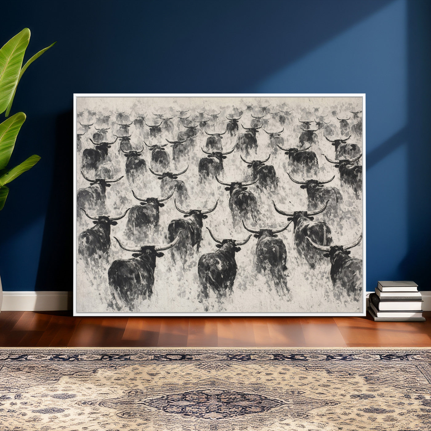 73328525-MGV-CV-36X24 - Texas Longhorn Drawing Canvas Wall Art, Western Cattle Stampede Painting Print, Warm Amber Ranch Decor, Rustic Cowboy Home Art, Large Living Room Decor