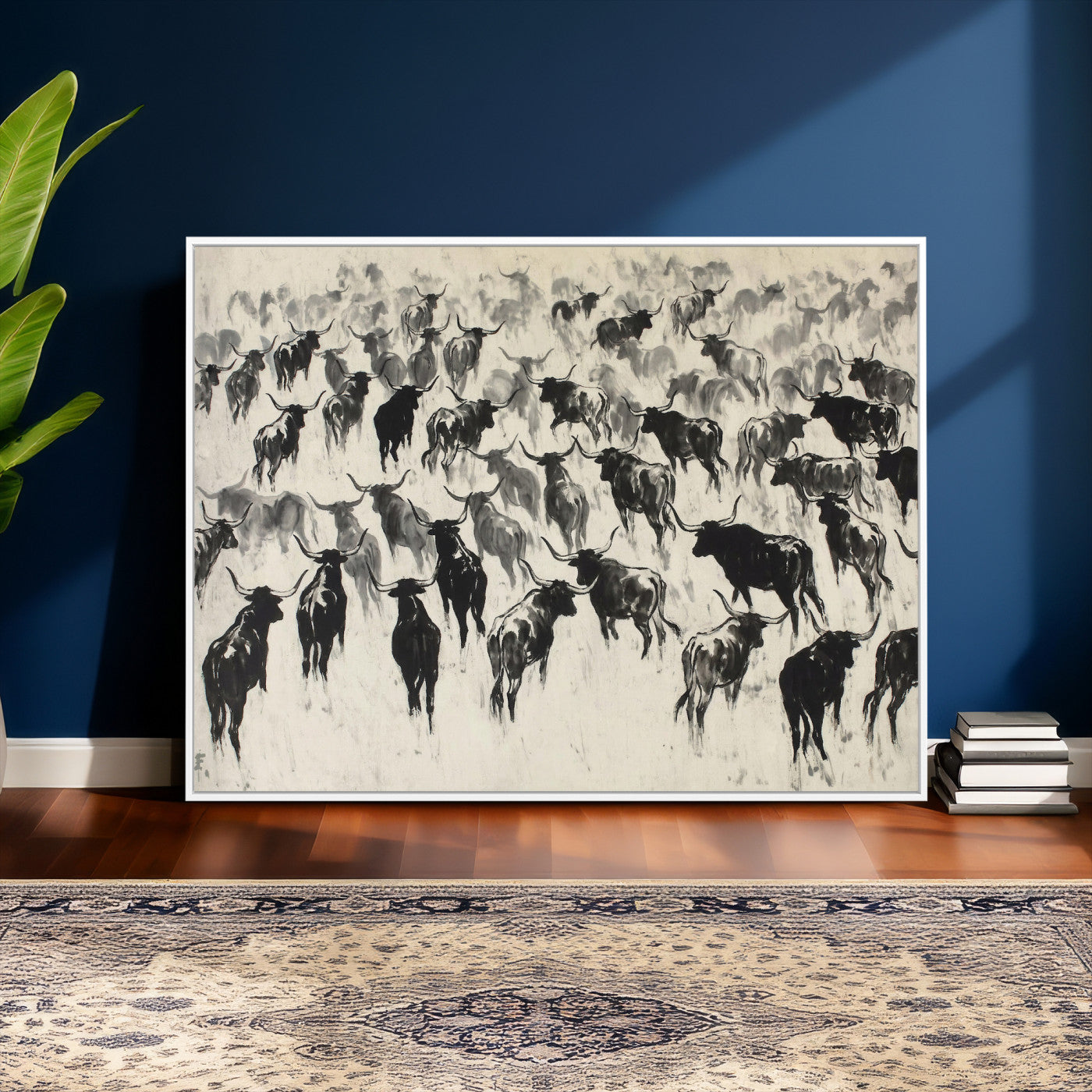 68669792-MGV-CV-36X24 - Longhorn Cattle Canvas Wall Art, Black White Stampede Ink Painting Print, Western Farmhouse Decor, Bull Herd Art, Large Living Room Wall Art, Ranch Home Decor