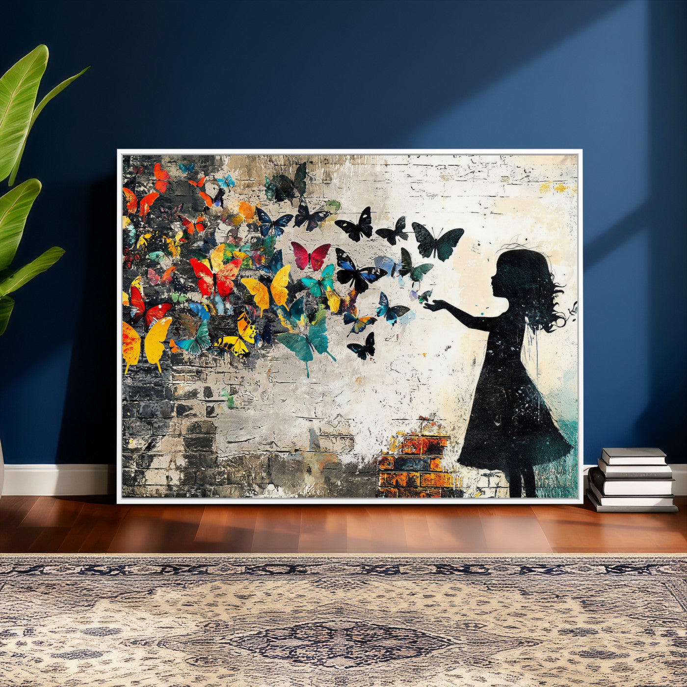 33909022-MGV-CV-36X24 - Banksy Butterfly Girl Wall Art Canvas Print, Framed Street Art Silhouette Graffiti Artwork, Colorful Butterfly Wall Decor for Living Room Bedroom Office