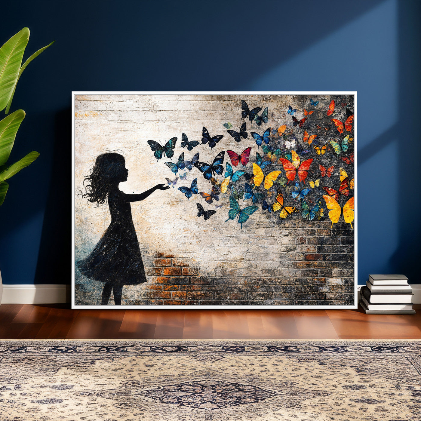 70522594-MGV-CV-36X24 - Banksy Butterfly Girl Wall Art Canvas Print, Framed Street Art Canvas Print, Graffiti Silhouette Butterfly Wall Art for Living Room Bedroom Office