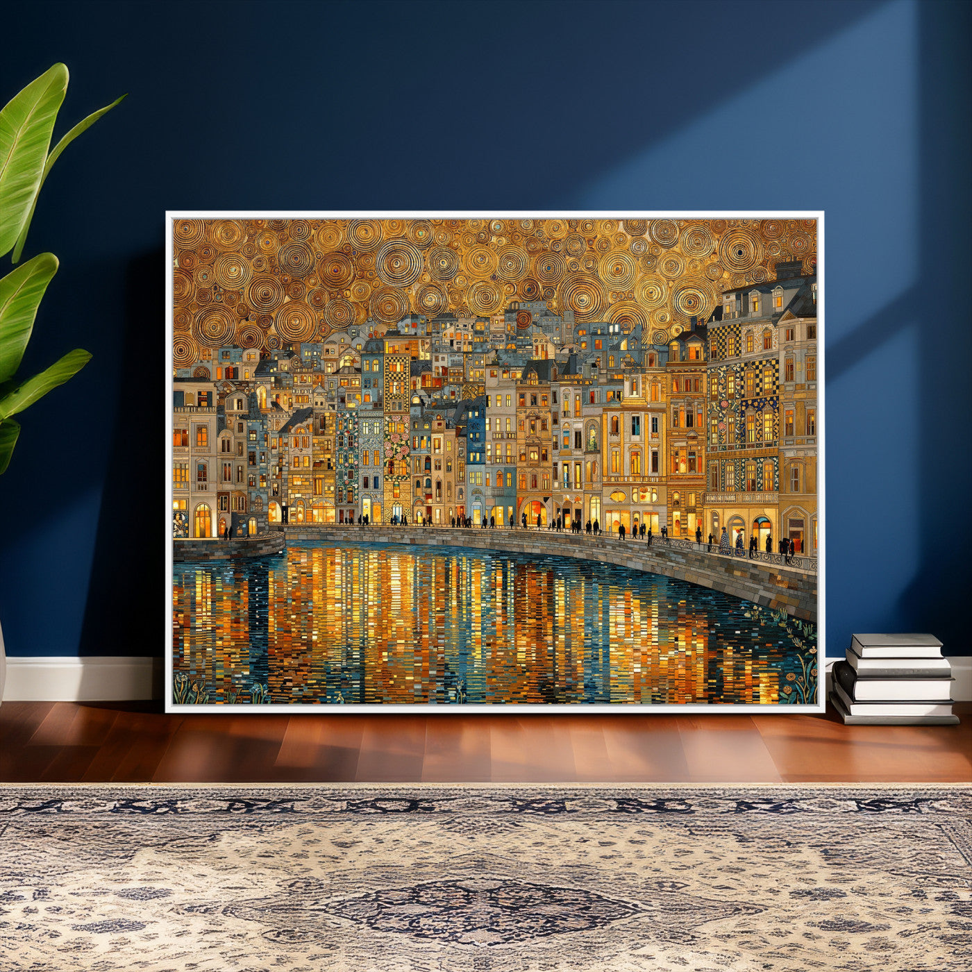94022787-MGV-CV-36X24 - Gustav Klimt Golden Cityscape Wall Art Canvas Print, Framed River Town Landscape Artwork, Ornate Architecture Wall Decor for Living Room Bedroom Office