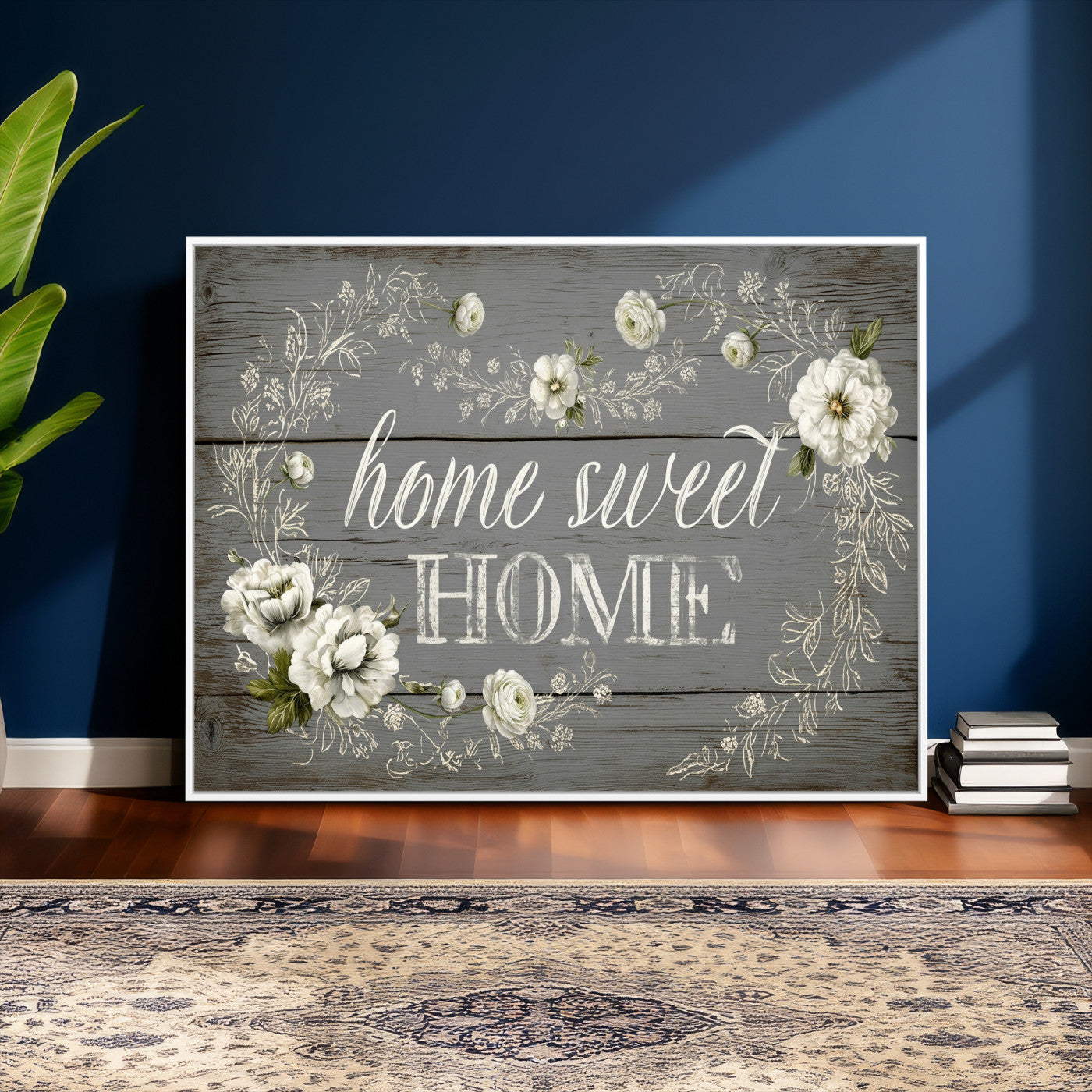 32056075-MGV-CV-36X24 - Home Sweet Home Wall Art Canvas Print, Floral Farmhouse Sign, Rustic Neutral Entryway Bedroom Living Room Decor