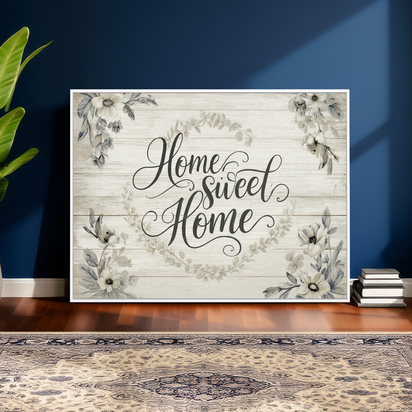 81157008-MGV-CV-36X24 - Home Sweet Home Wall Art Canvas Print, Floral Farmhouse Sign, Rustic Neutral Entryway Bedroom Living Room Decor