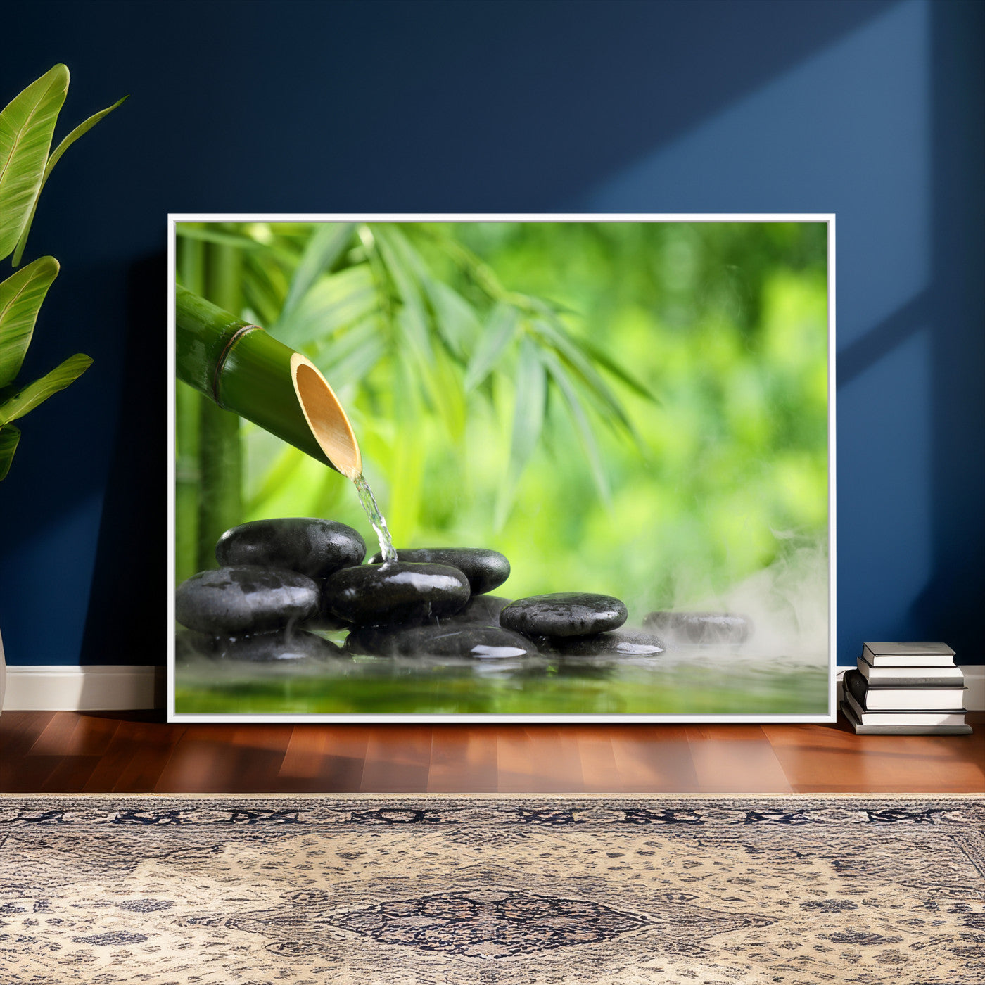 26961320-MGV-CV-36X24 - Bamboo Water Flow Black Stone Canvas | Zen Spa Nature Photography Print | Green Mist Japanese Garden Wall Art | Tranquil Decor