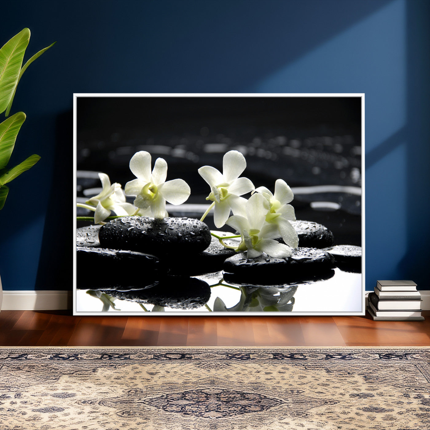 79486206-MGV-CV-36X24 - Plumeria Frangipani Black Stone Canvas | White Flower Spa Photography Print | Tropical Zen Wall Art | Grey Pebble Floral for Meditation Room Decor