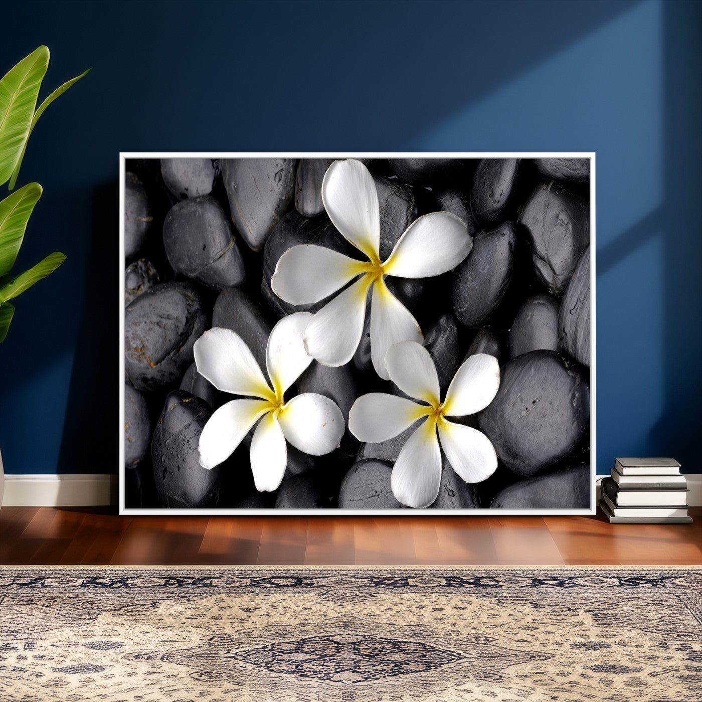 43639613-MGV-CV-36X24 - Plumeria Frangipani Black Stone Canvas | White Flower Spa Photography Print | Tropical Zen Wall Art | Grey Pebble Floral Decor