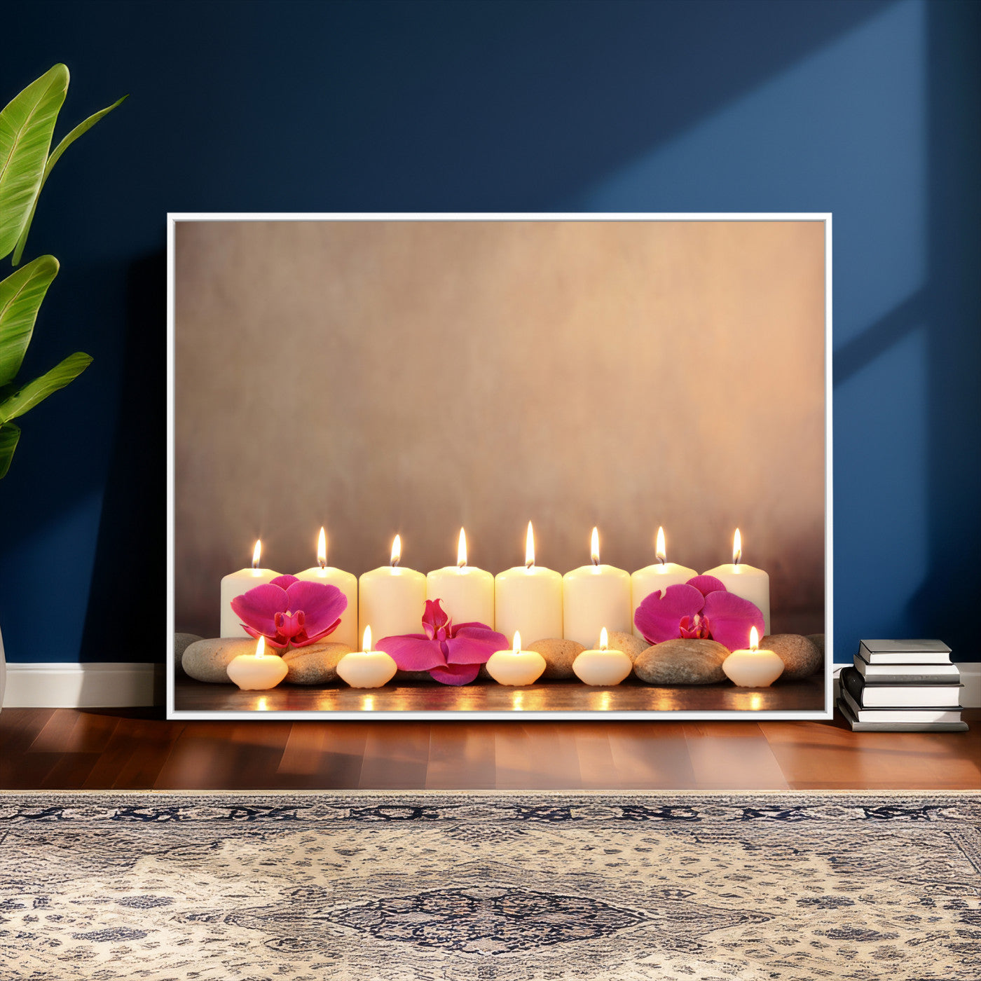 59470569-MGV-CV-36X24 - Spa Candles Orchid Canvas Print | Zen Wellness Relaxation Wall Art | Pink Flower Candlelight Bathroom Decor | Calm Beige Photography