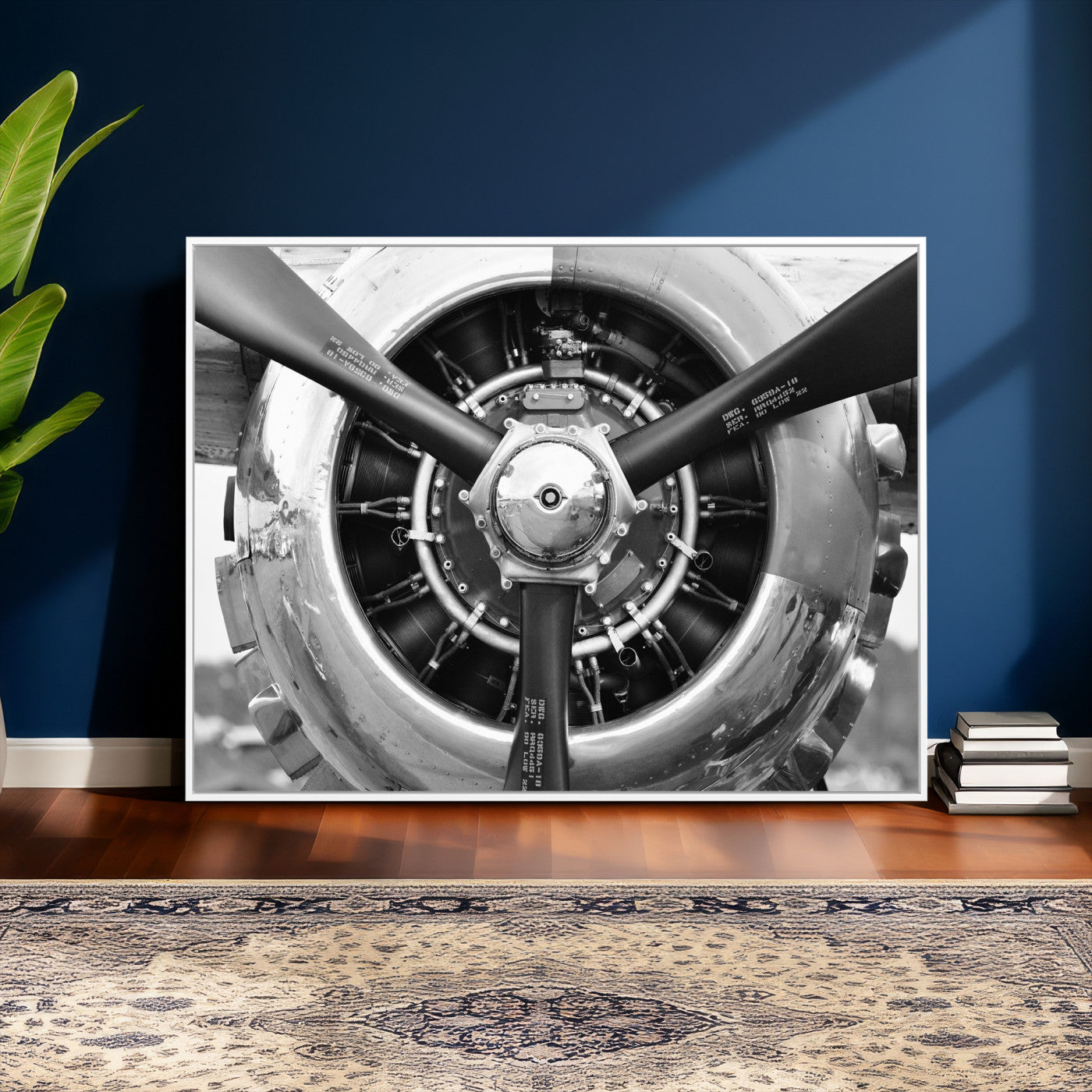 73322230-MGV-CV-36X24 - Vintage Propeller Plane Wall Art Canvas Print, Black and White Airplane Engine Close Up Framed Aviation Artwork for Pilot Office Hangar Decor