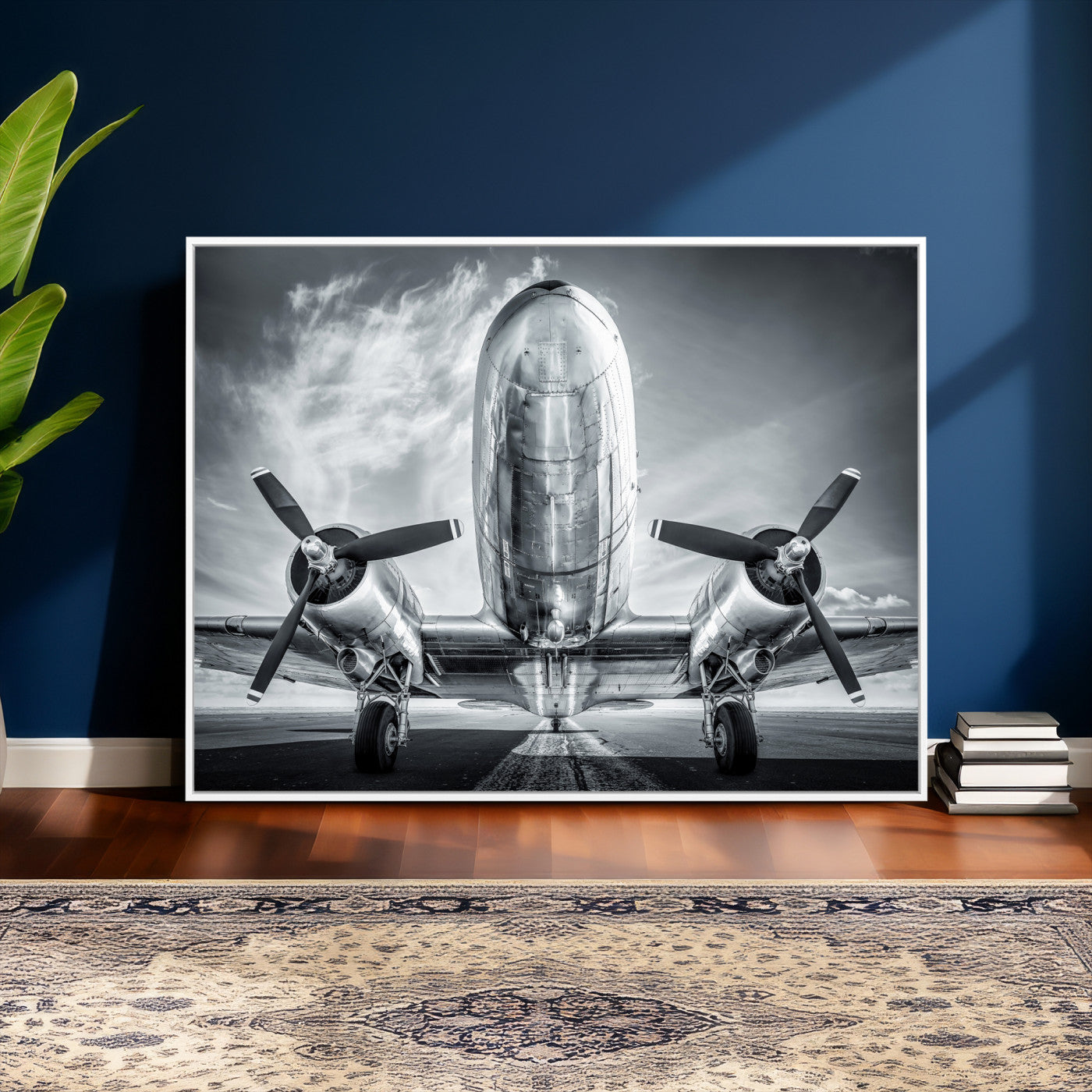 59729636-MGV-CV-36X24 - Vintage Propeller Plane Wall Art Canvas Print, Black and White Airplane Engine Close Up Framed Aviation Artwork for Pilot Office Hangar Decor