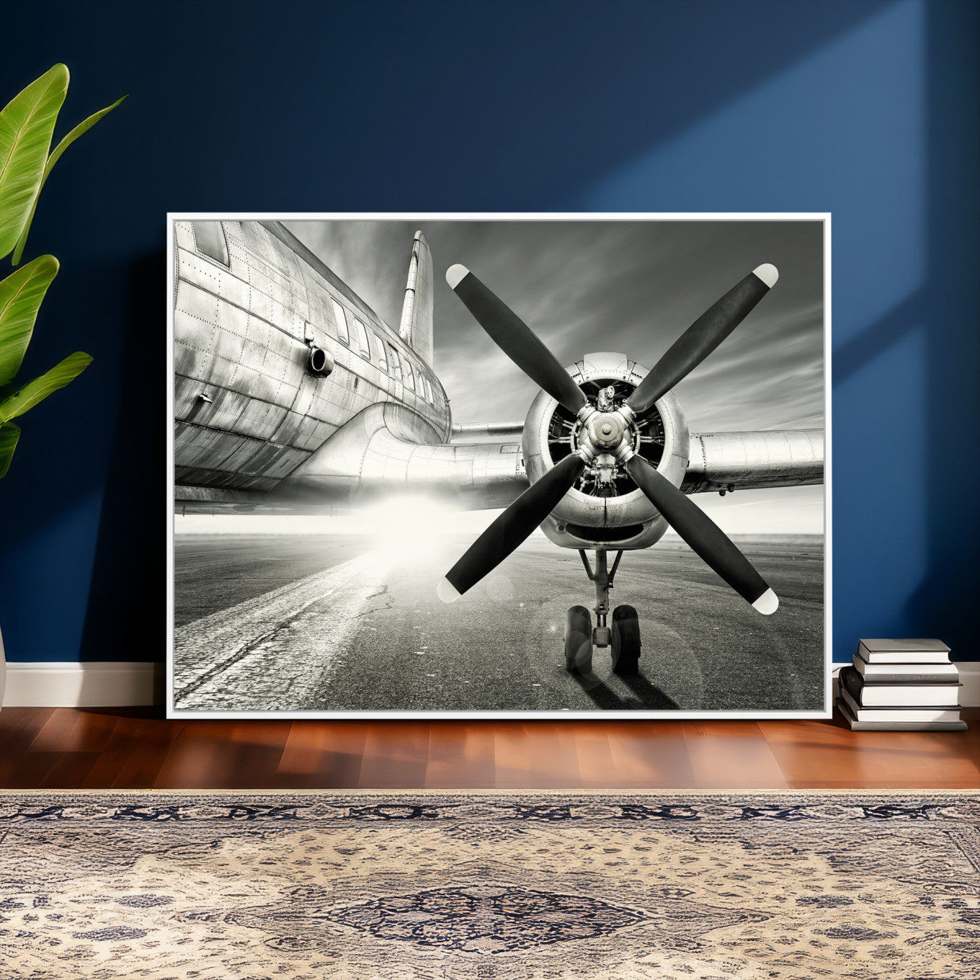 16420255-MGV-CV-36X24 - Vintage Airplane Wall Art Canvas Print, Black and White Propeller Aircraft Framed Aviation Artwork for Pilot Office Hangar Living Room Decor