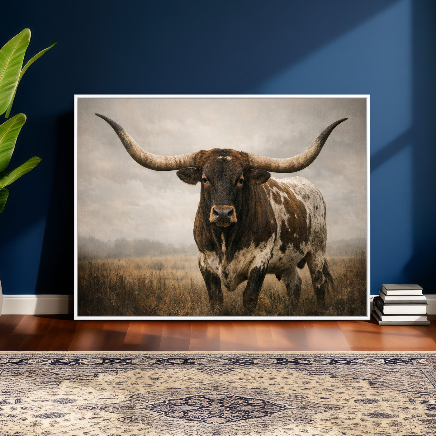 17622011L-MGV-CV-36X24 - Longhorn Bull Wall Art Canvas Print, Western Farmhouse Cowboy Decor, Rustic Texas Ranch Cattle Artwork for Living Room Bedroom Office, Framed Wall Decor