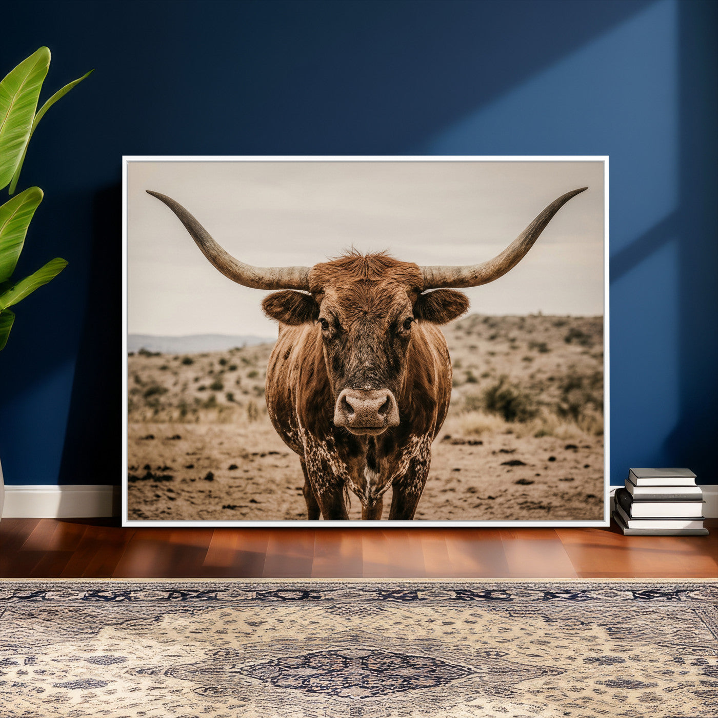 17622011K-MGV-CV-36X24 - Texas Longhorn Bull Wall Art Canvas Print, Western Farmhouse Cowboy Decor, Rustic Texas Ranch Cattle Artwork for Living Room Bedroom Office, Framed Wall Decor