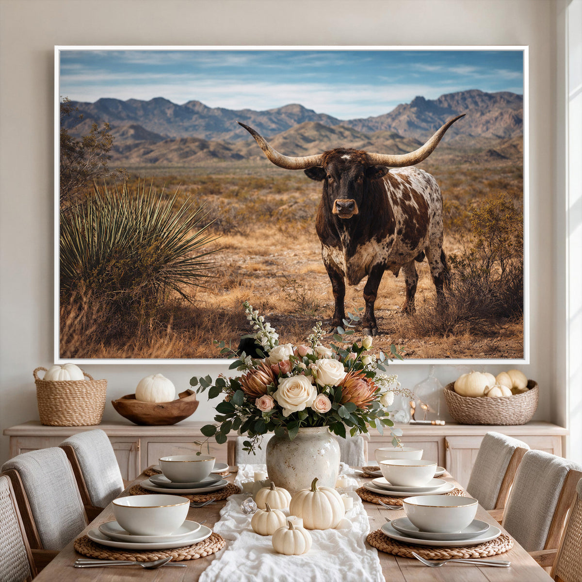 17622011S-MGV-CV-36X24 - Texas Longhorn Bull Wall Art Canvas Print, Western Farmhouse Cowboy Decor, Rustic Texas Ranch Cattle Artwork for Living Room Bedroom Office, Framed Wall Decor