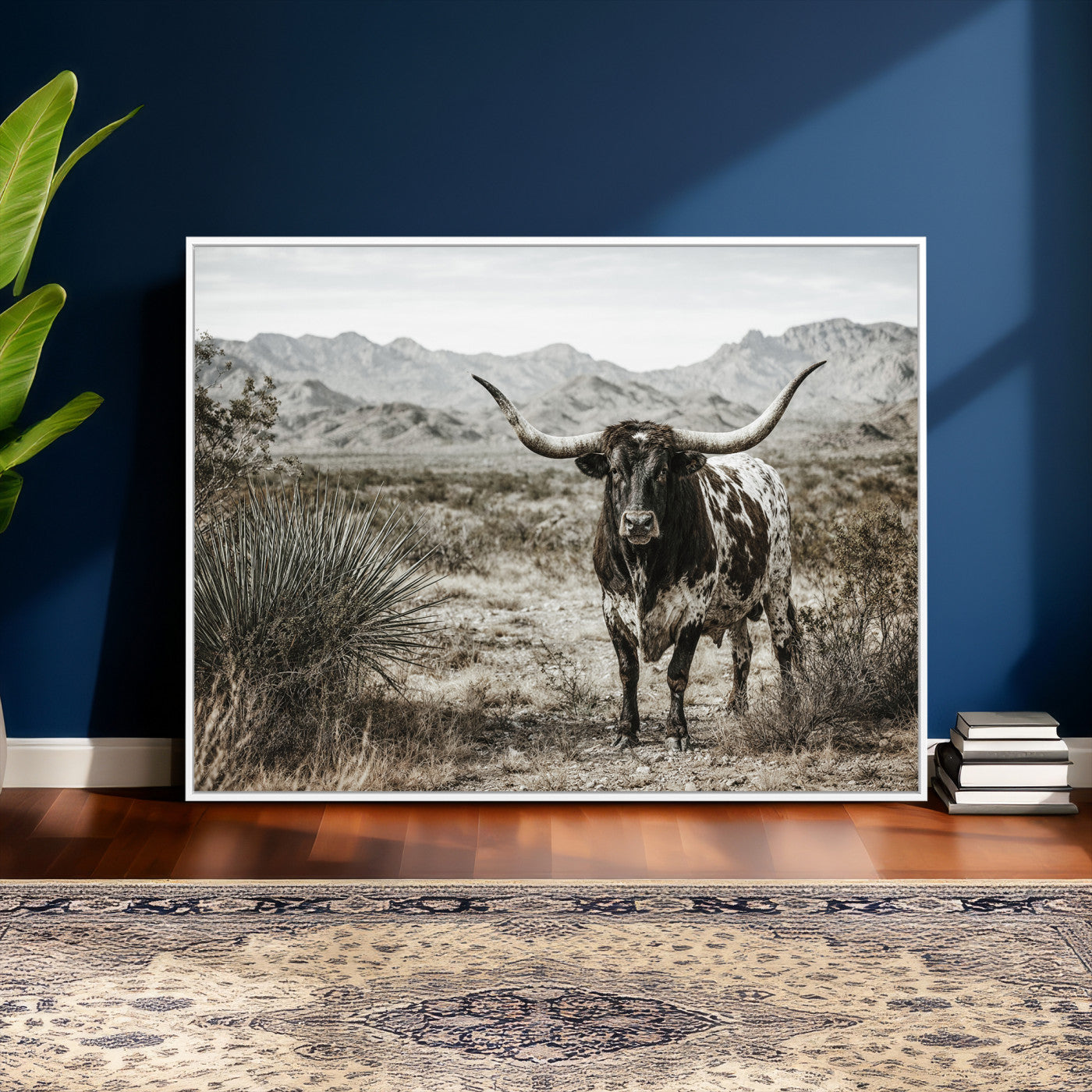 17622011H-MGV-CV-36X24 - Texas Longhorn Bull Wall Art Canvas Print, Western Farmhouse Cowboy Decor, Rustic Texas Ranch Cattle Artwork for Living Room Bedroom Office, Framed Wall Decor