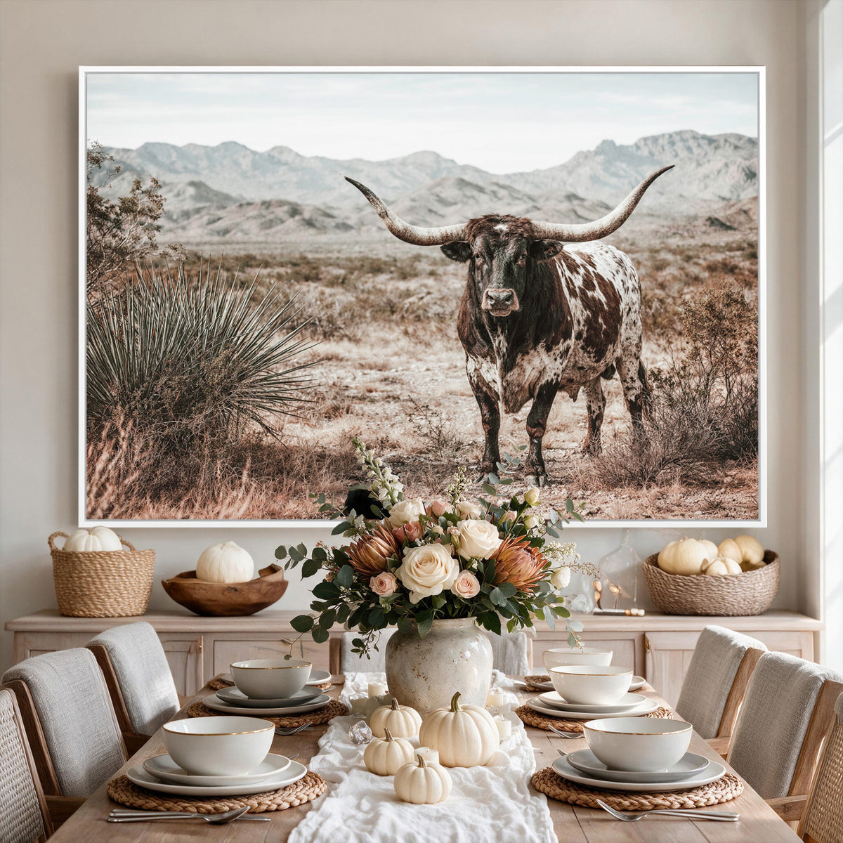 17622011H-MGV-CV-36X24 - Texas Longhorn Bull Wall Art Canvas Print, Western Farmhouse Cowboy Decor, Rustic Texas Ranch Cattle Artwork for Living Room Bedroom Office, Framed Wall Decor
