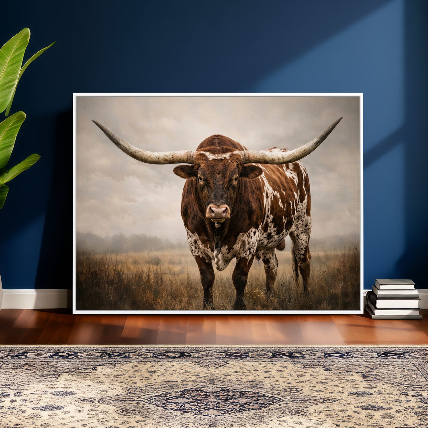 25239047-MGV-CV-36X24 - Texas Longhorn Canvas Wall Art Western Bull Desert Moody Grey Overcast Rustic Farmhouse Framed Large for Living Room Bedroom Office Decor