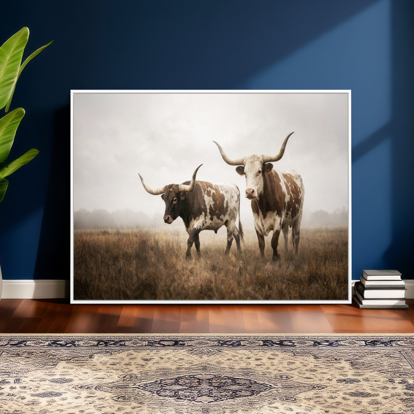 92881702-MGV-CV-36X24 - Texas Longhorn Canvas Wall Art Western Bull Desert Moody Grey Overcast Rustic Farmhouse Framed Large for Living Room Bedroom Office Decor