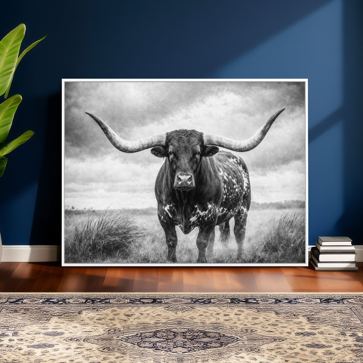 19951238-MGV-CV-36X24 - Texas Longhorn Canvas Wall Art Western Bull Desert Moody Grey Overcast Rustic Farmhouse Framed Large for Living Room Bedroom Office Decor