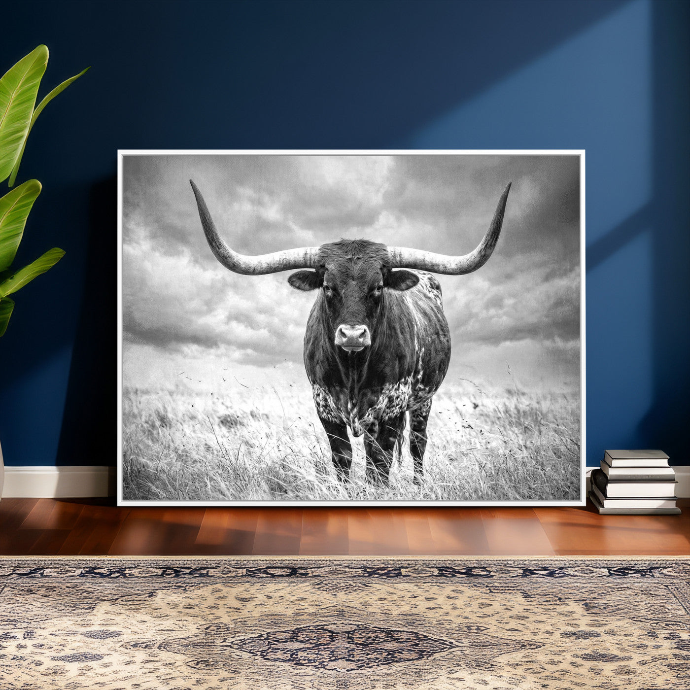 63336115-MGV-CV-36X24 - Texas Longhorn Canvas Wall Art Western Bull Desert Moody Grey Overcast Rustic Farmhouse Framed Large for Living Room Bedroom Office Decor
