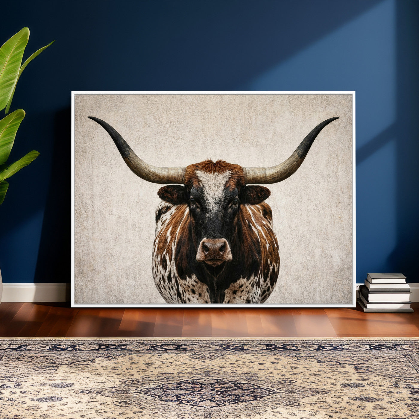 58622065-MGV-CV-36X24 - Texas Longhorn Canvas Wall Art Western Bull Desert Moody Grey Overcast Rustic Farmhouse Framed Large for Living Room Bedroom Office Decor