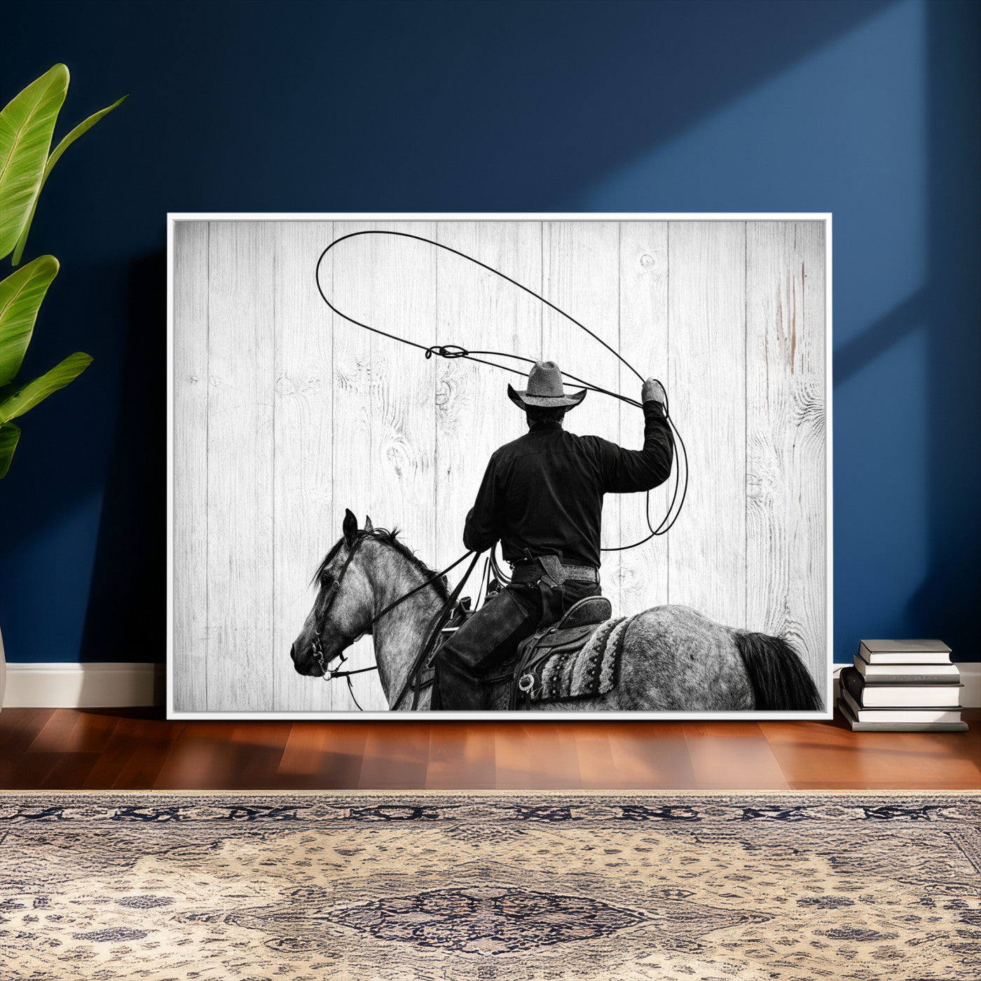 22569358-MGV-CV-36X24 - Cowboy Lasso Canvas Wall Art, Black White Western Horse Photo Print, Rustic Ranch Rodeo Decor, Farmhouse Western Art, Cowboy Gift for Him