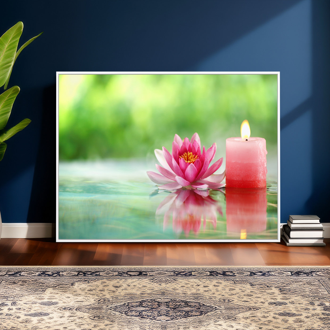 17661715-MGV-CV-36X24 - Zen Lotus Candle Canvas Wall Art Pink Spa Meditation Relaxation Green Bokeh Framed Large for Bathroom Bedroom Living Room Office Decor