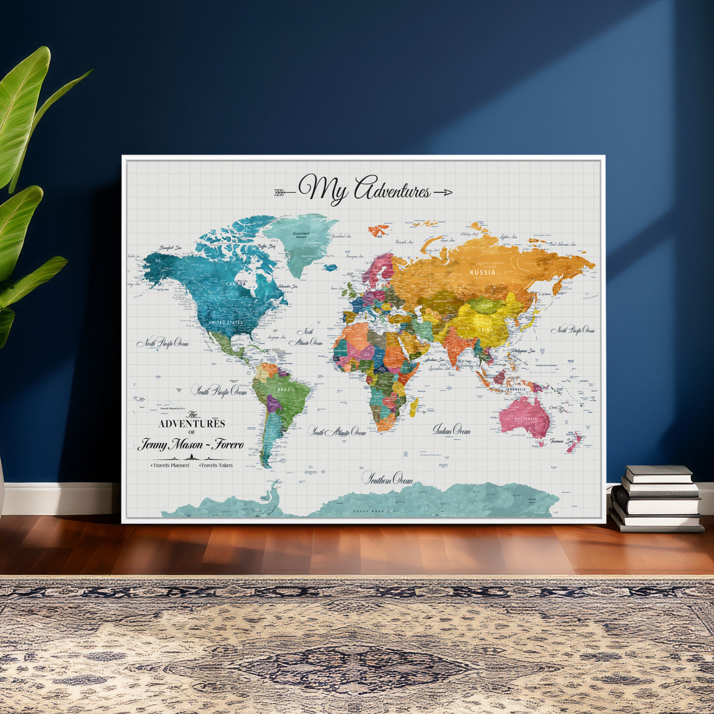 56239817-MGV-CV-36X24 - Custom Push Pin Watercolor World Map Canvas Wall Art Print – Abstract Colorful Travel Wall Decor