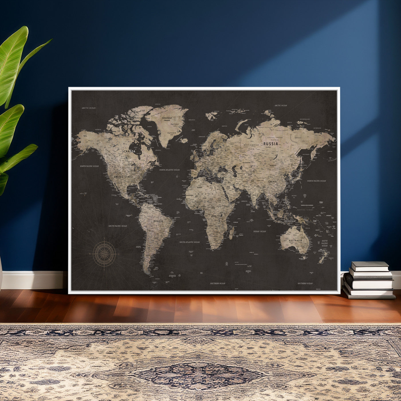 56556018136-MGV-CV-36X24 - World Map Canvas Wall Art Dark Charcoal Antique Tan Detailed Every Country Labeled Framed Large for Home Office Living Room Bedroom Decor